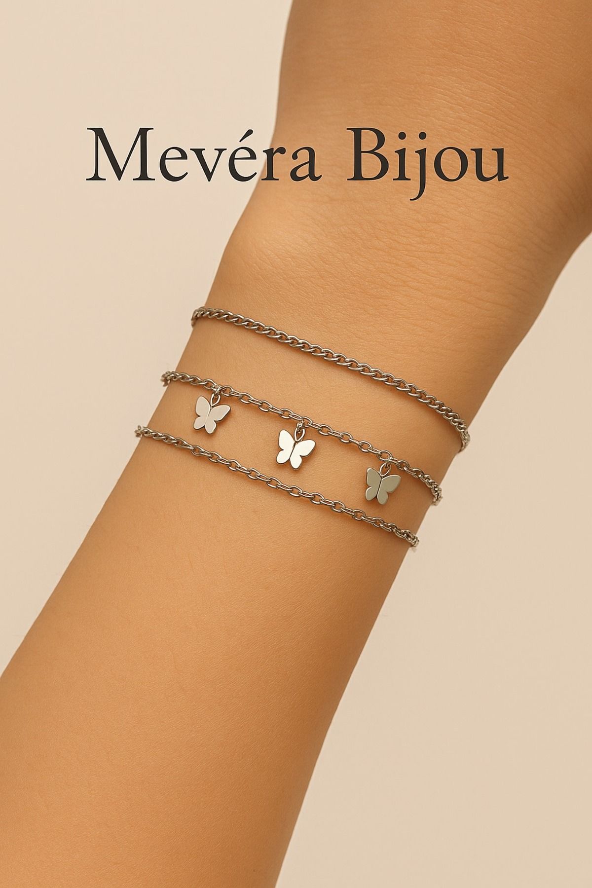 Mevera Bıjou Üçlü Kelebek Detaylı Çelik Bileklik Seti