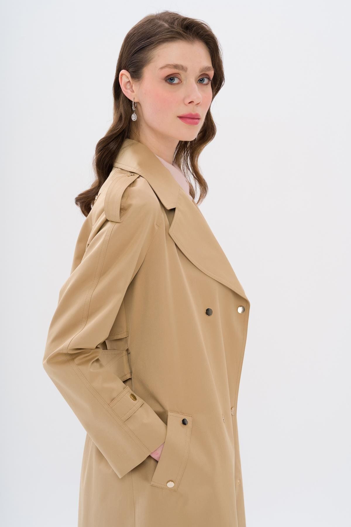 Olcay-Trench Coat with Cape and Epaulettes, Snap Closure and Water Repellent Feature Kamel 6709 6