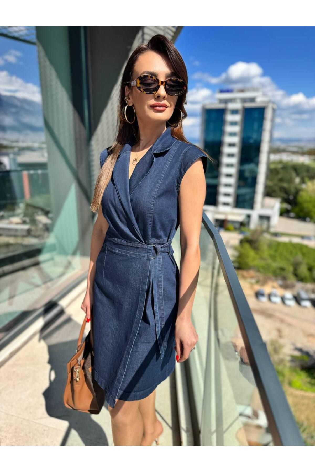 STEPS Kruvaze Kolsuz Denim Elbise