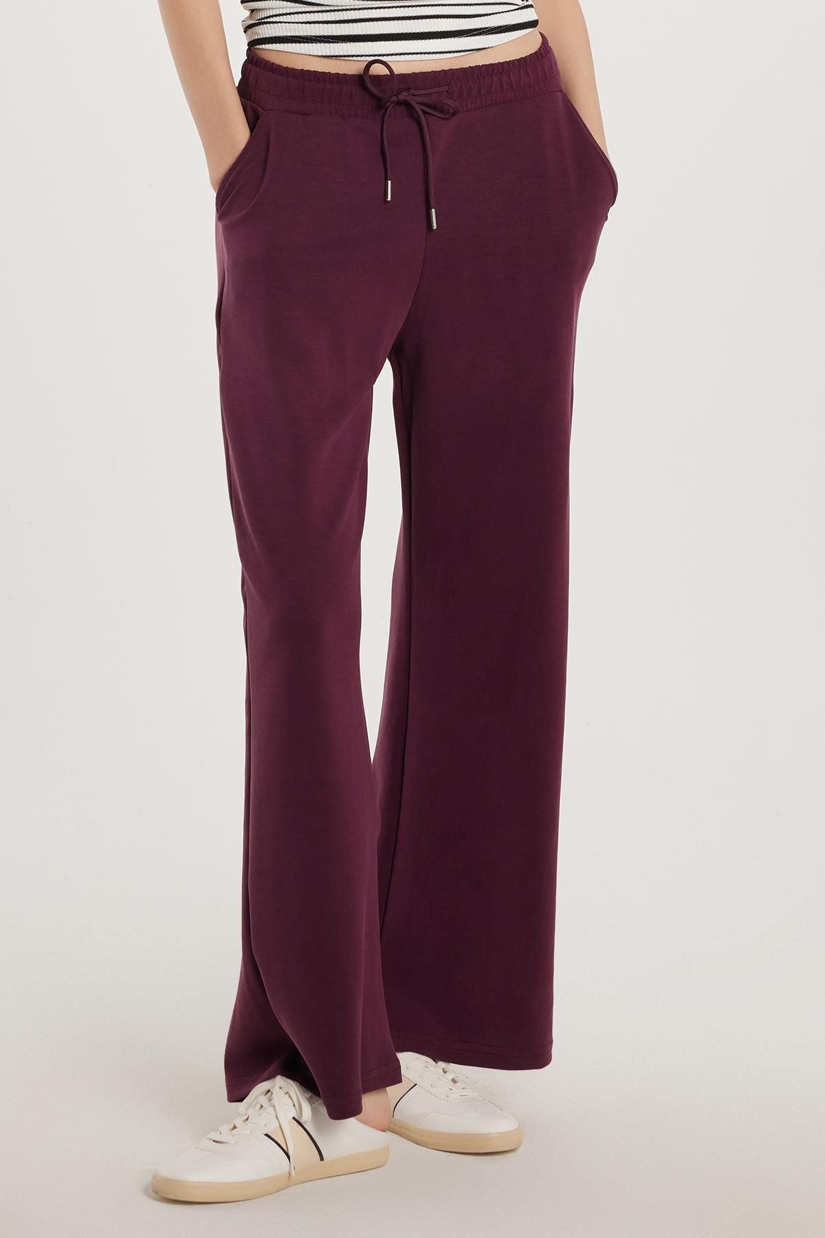 Tudors Kadın Slim Fit Normal Bel Çift Cep Beli Bağcıklı Bordo Eşofman Altı