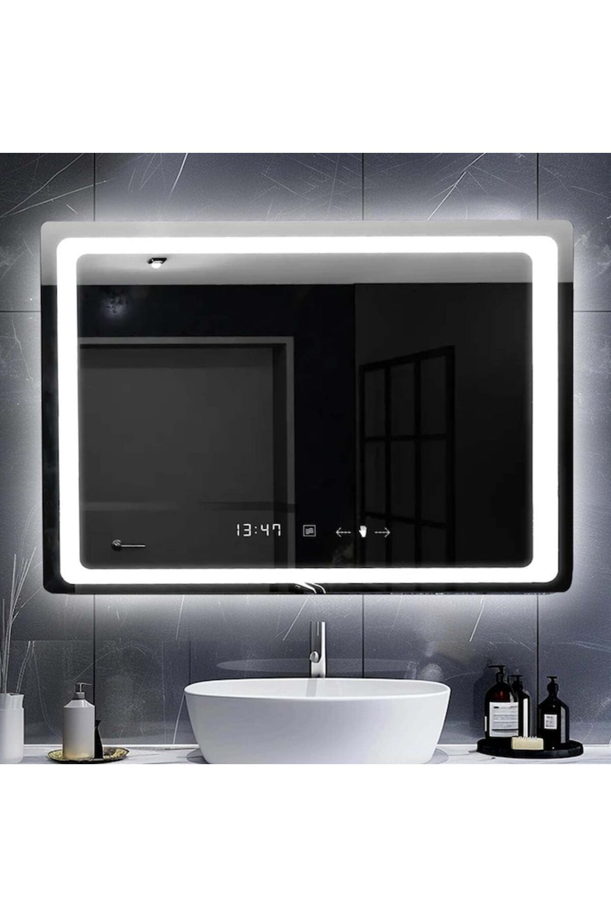 Marcello Funghi-Oglindă de baie cu LED 80x60cm, senzor Vectro, ceas, termometru, dezaburire, rezistență la șocuri și coroziune 3