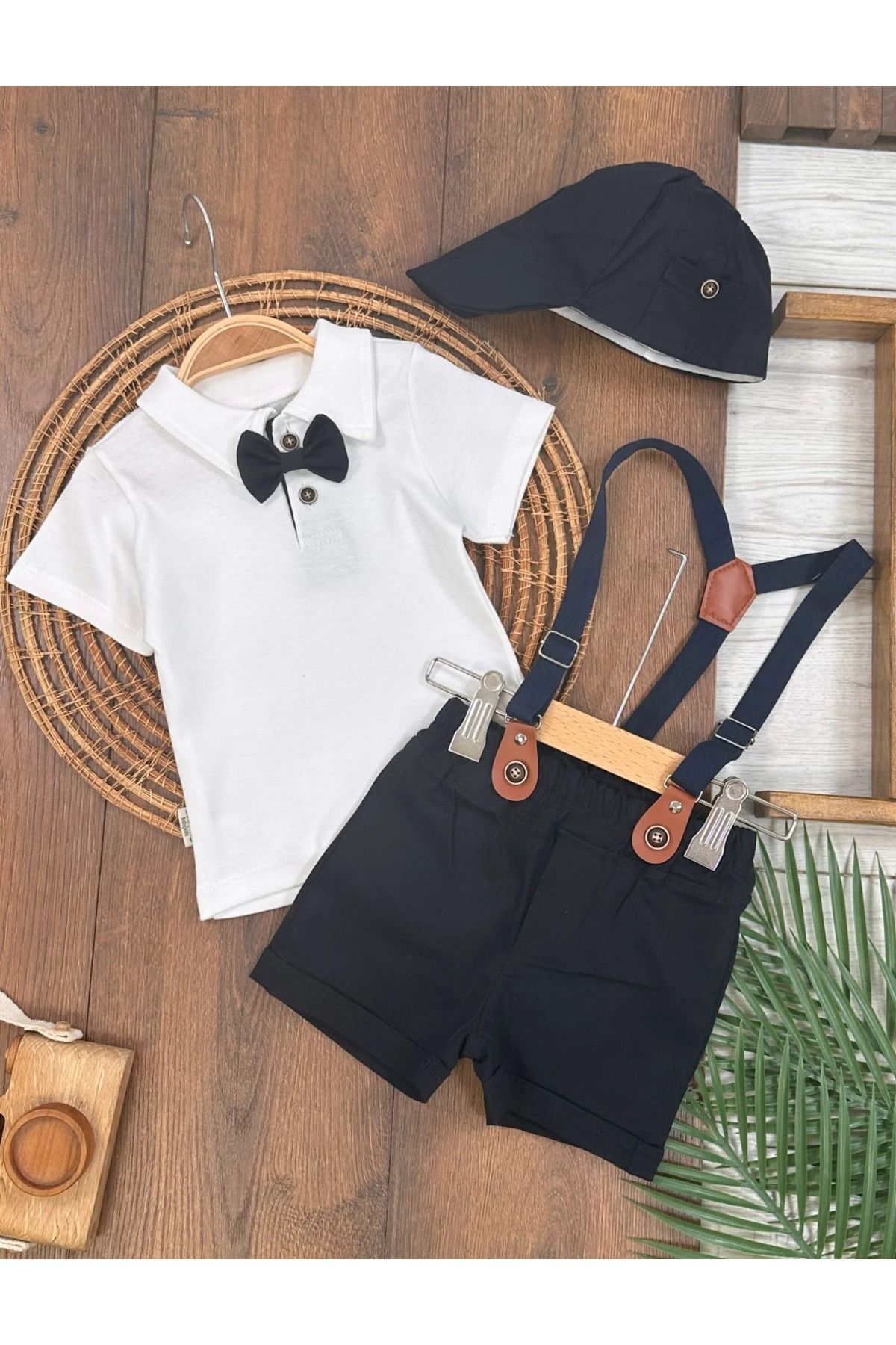Adda Baby Yazlık tshirt keten şort papyon ve şapka erkek bebek Takımı