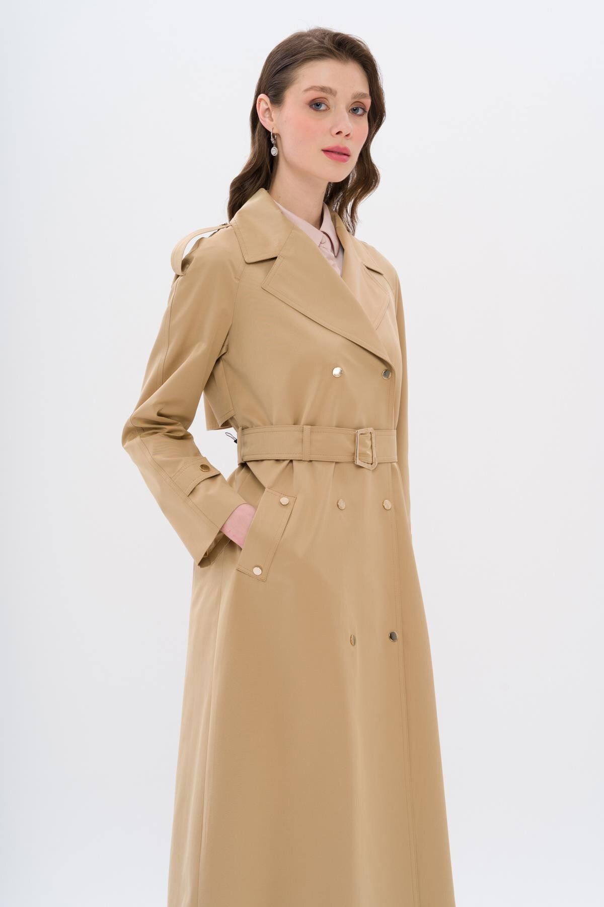 Olcay-Trench Coat with Cape and Epaulettes, Snap Closure and Water Repellent Feature Kamel 6709 4