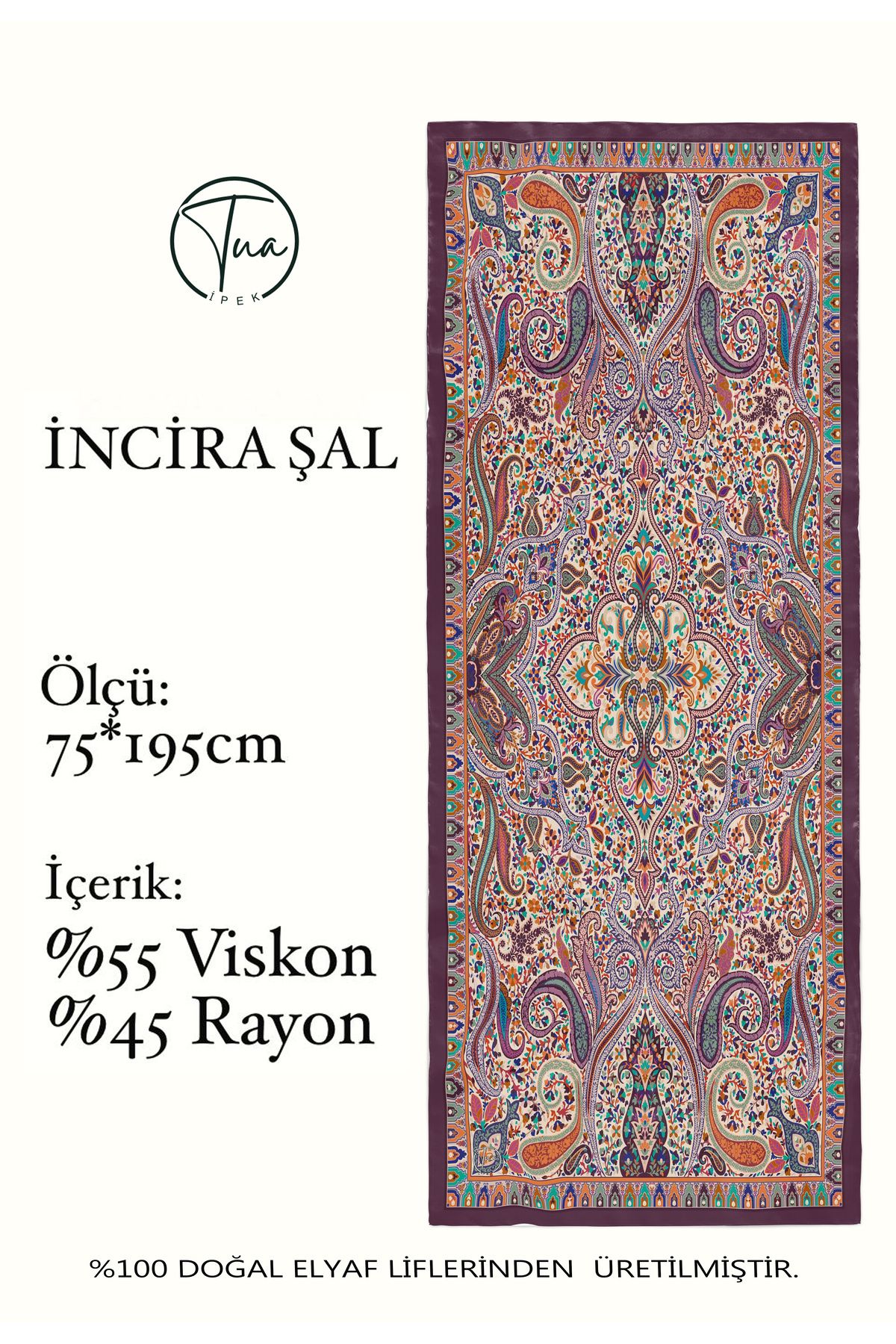 TUA İPEK İNCİRA Organic Floş Viskon ŞAL - Etnik Çiçek Desenli