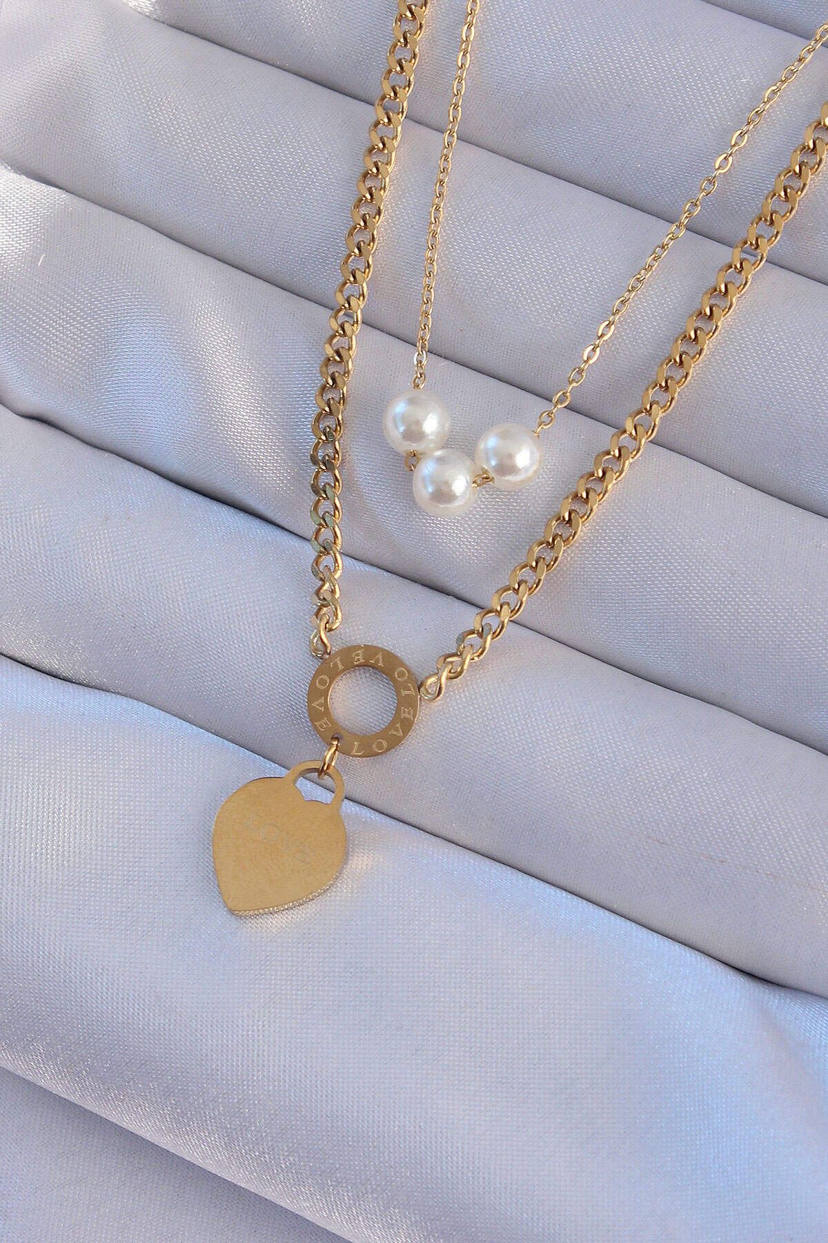 melfxxl eticaret 316L Çelik Gold Renk Çift Zincir İnci Detayı Love Kalp Kolye - Lisinya