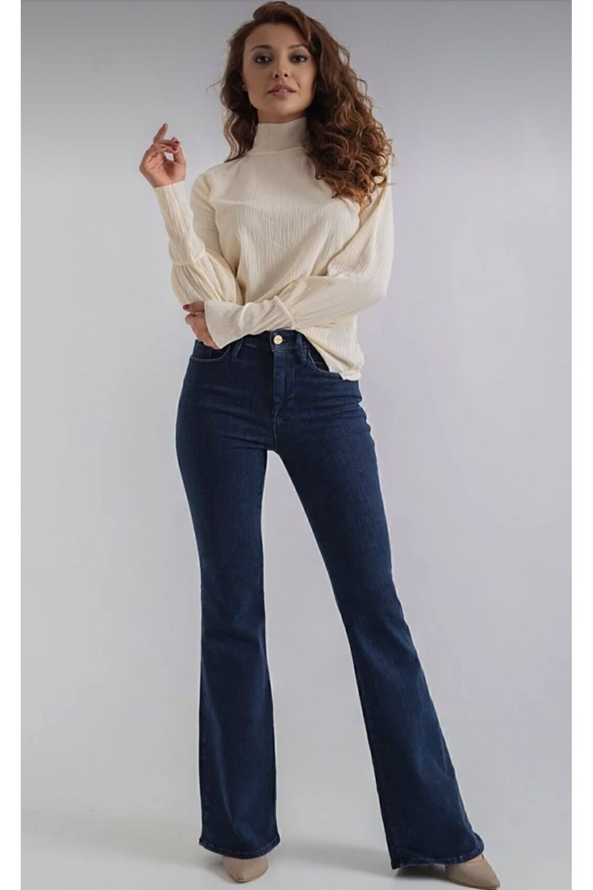 CİHAN PAPEL Koyu Mavi Ispanyol Paça Kot Pantolon Yüksek Bel Ispanyol Jeans Toparlayıcı