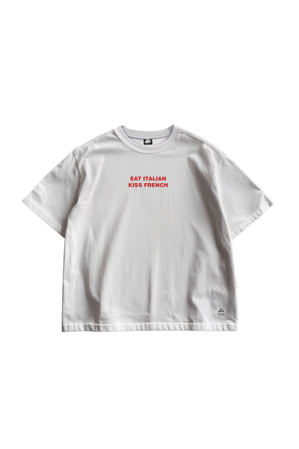 TresMonos Kiss French Baskılı Oversize Kısa Kesim Pamuklu Unisex Beyaz Tişört