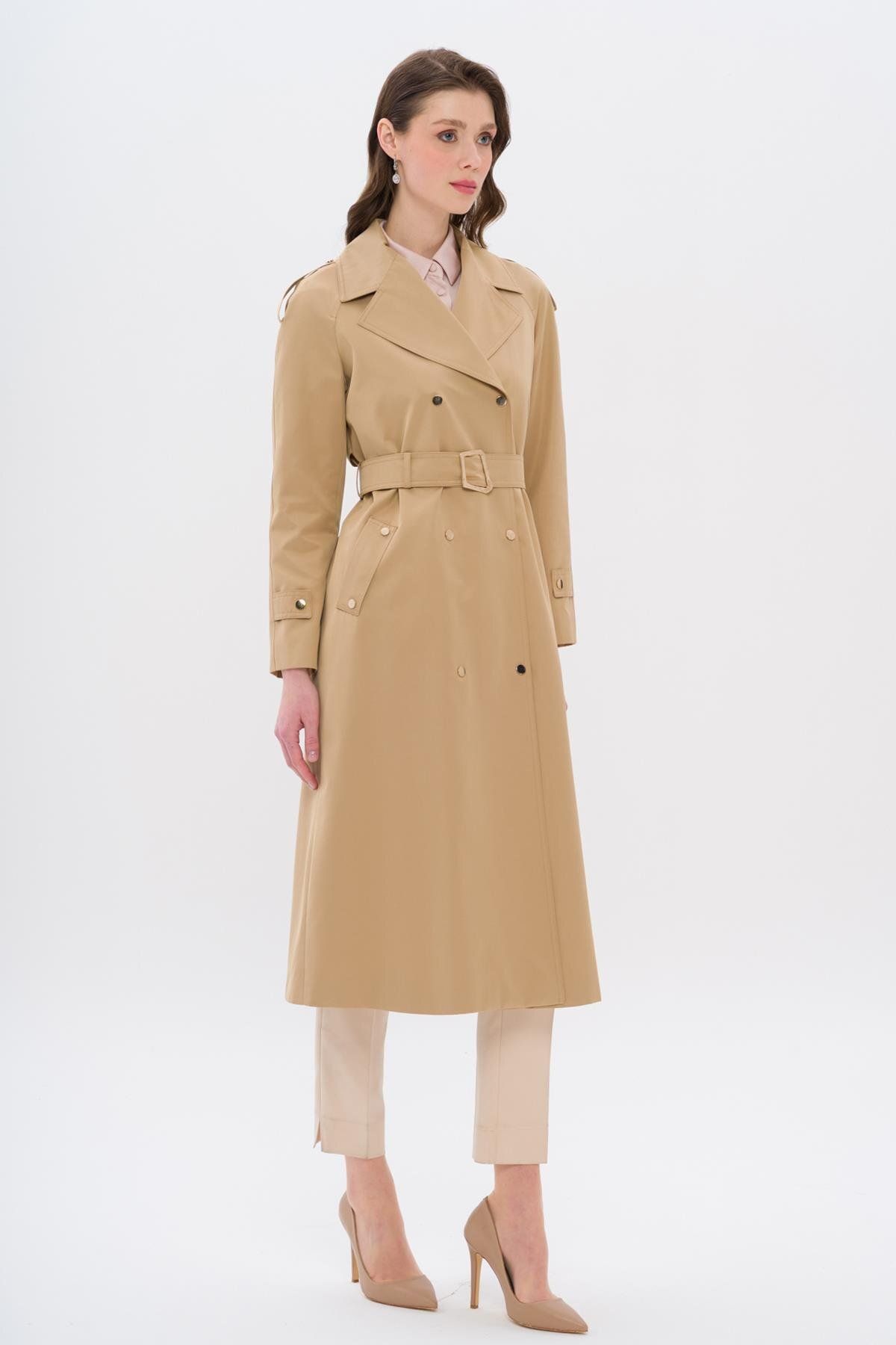 Olcay-Trench Coat with Cape and Epaulettes, Snap Closure and Water Repellent Feature Kamel 6709 2