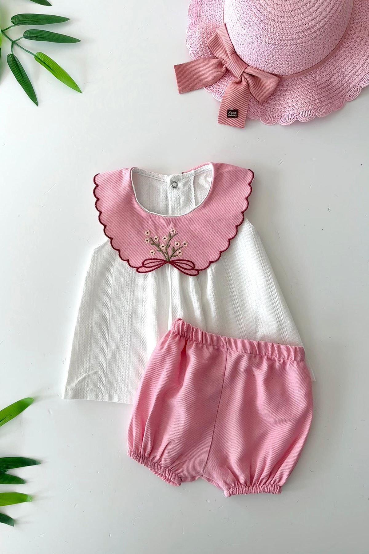 Minigimin Cicileri Miniğimin Cicileri Yaka Nakış Detaylo Şortlu Kız Bebe 2 li Takım - Pembe