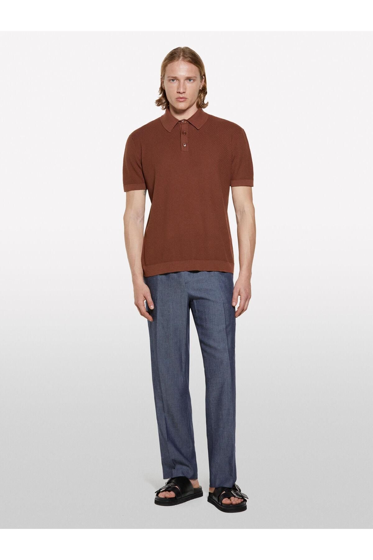 Sisley %100 Pamuk Triko Polo T-Shirt Erkek Kahverengi Polo - 325P1094S300M