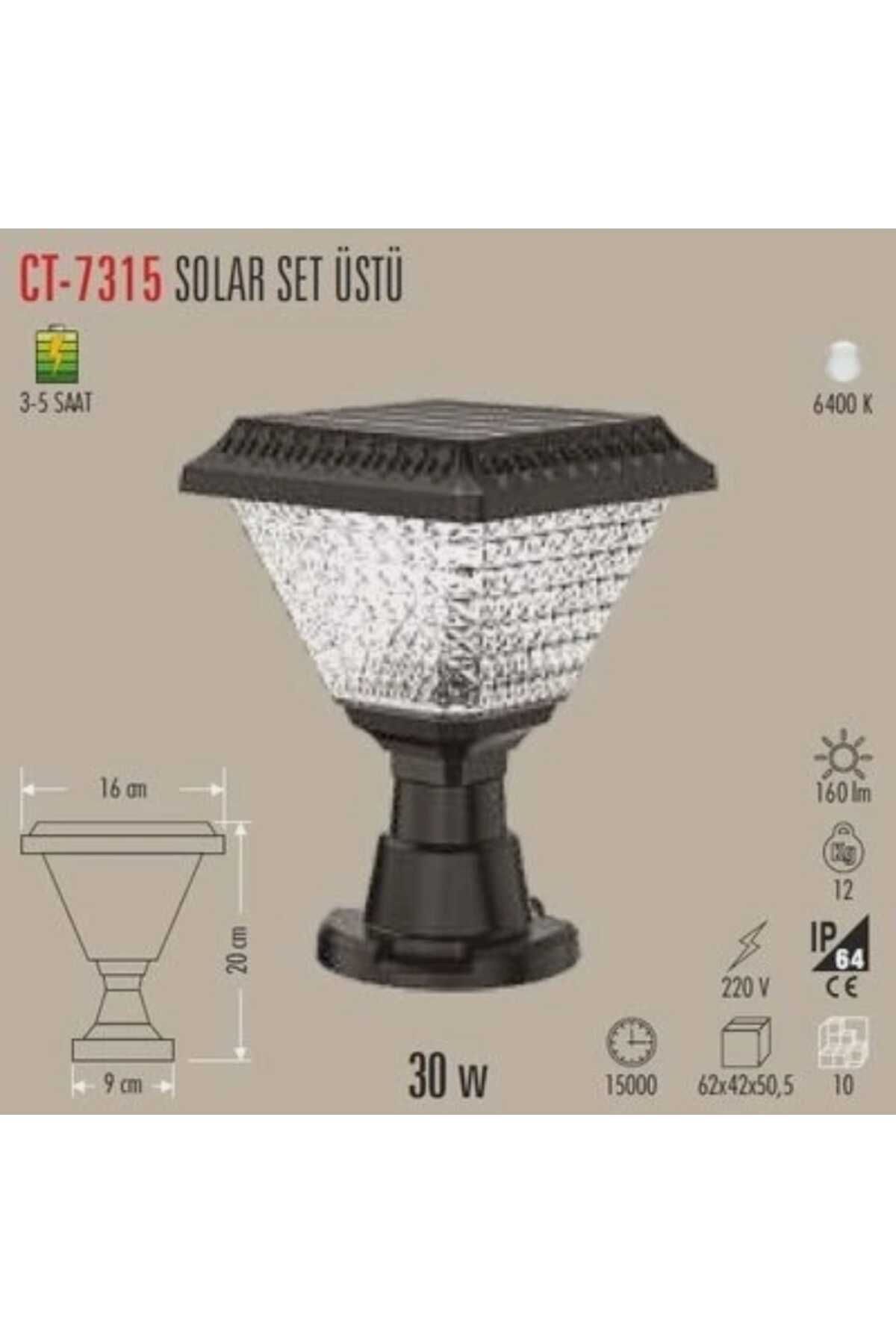 Ct 7315 Solar Set Üstü Bahçe Armatür 30w 6400k Beyaz Işık Güneş Enerjili Bahçe Lambası