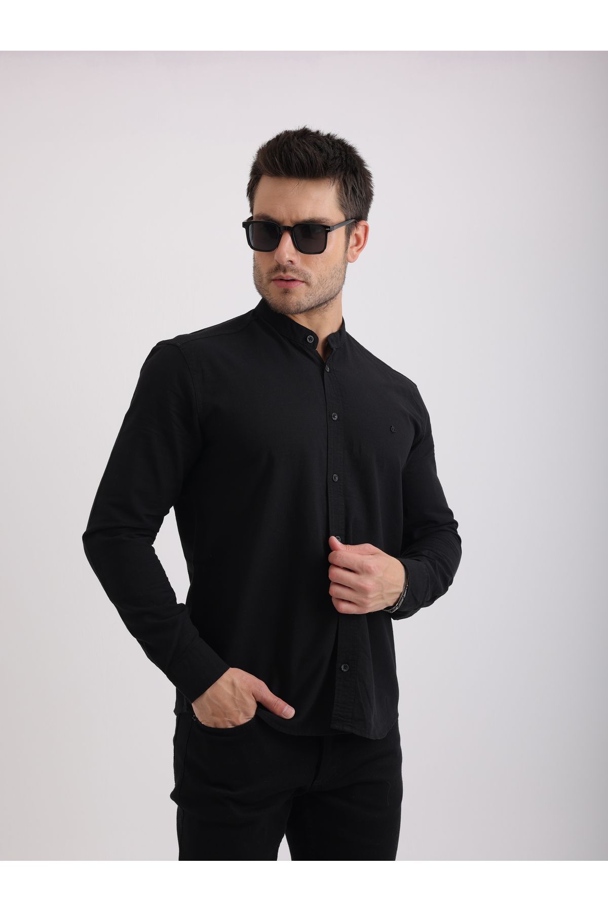 Sabe Erkek Slim Fit Hakim Yaka Siyah Şık ve Rahat Keten Gömlek