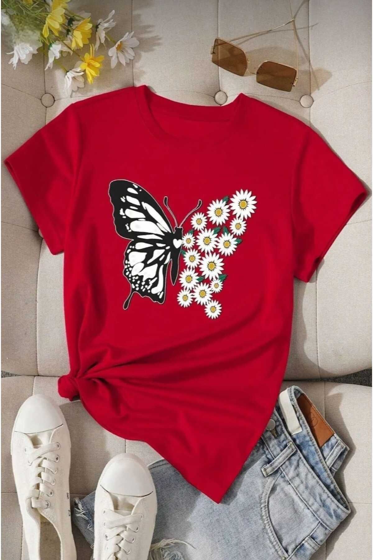 TekTarzz Pamuklu Papatya Kelebek Tasarım Tshirt