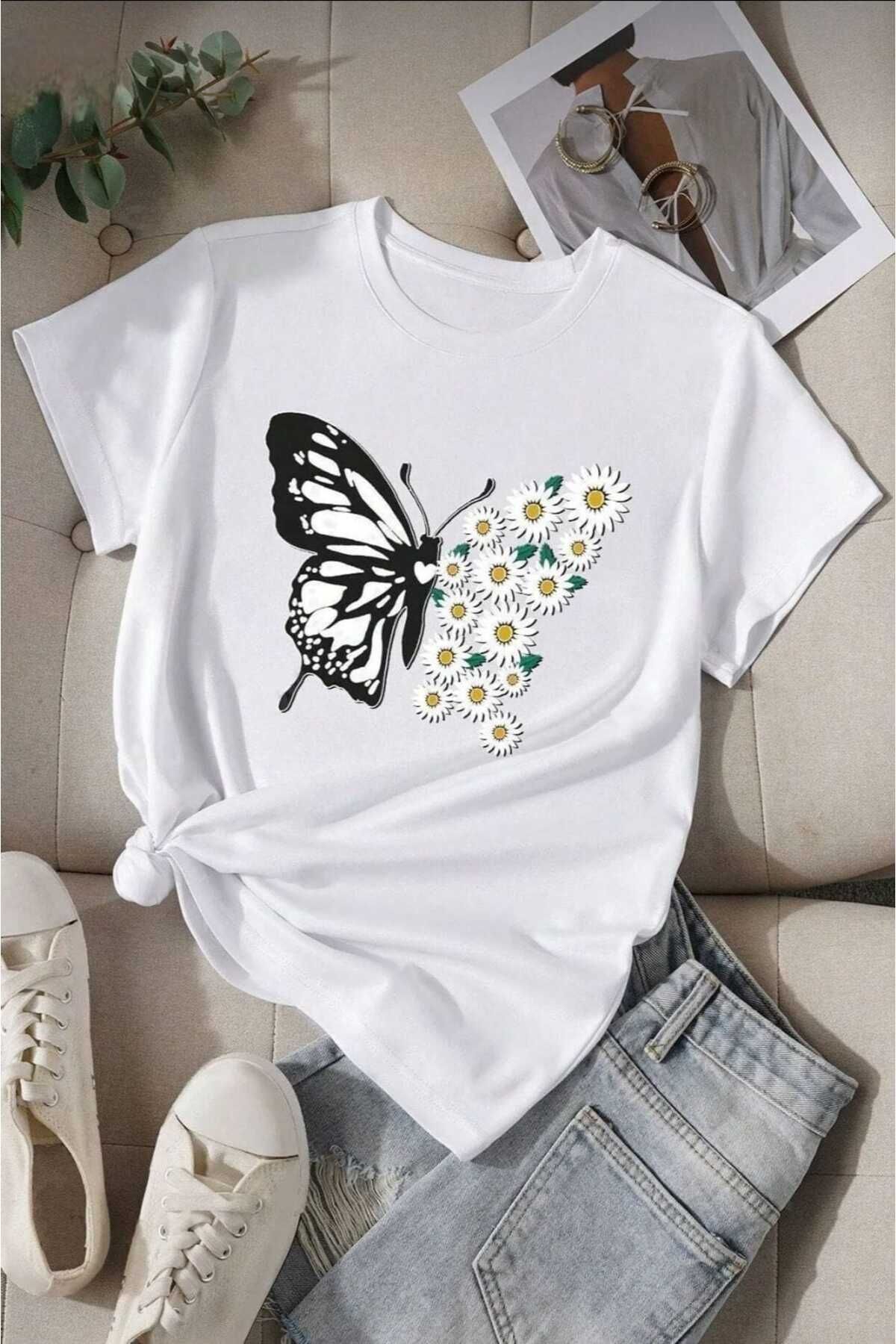 TekTarzz Pamuklu Papatya Kelebek Tasarım Tshirt