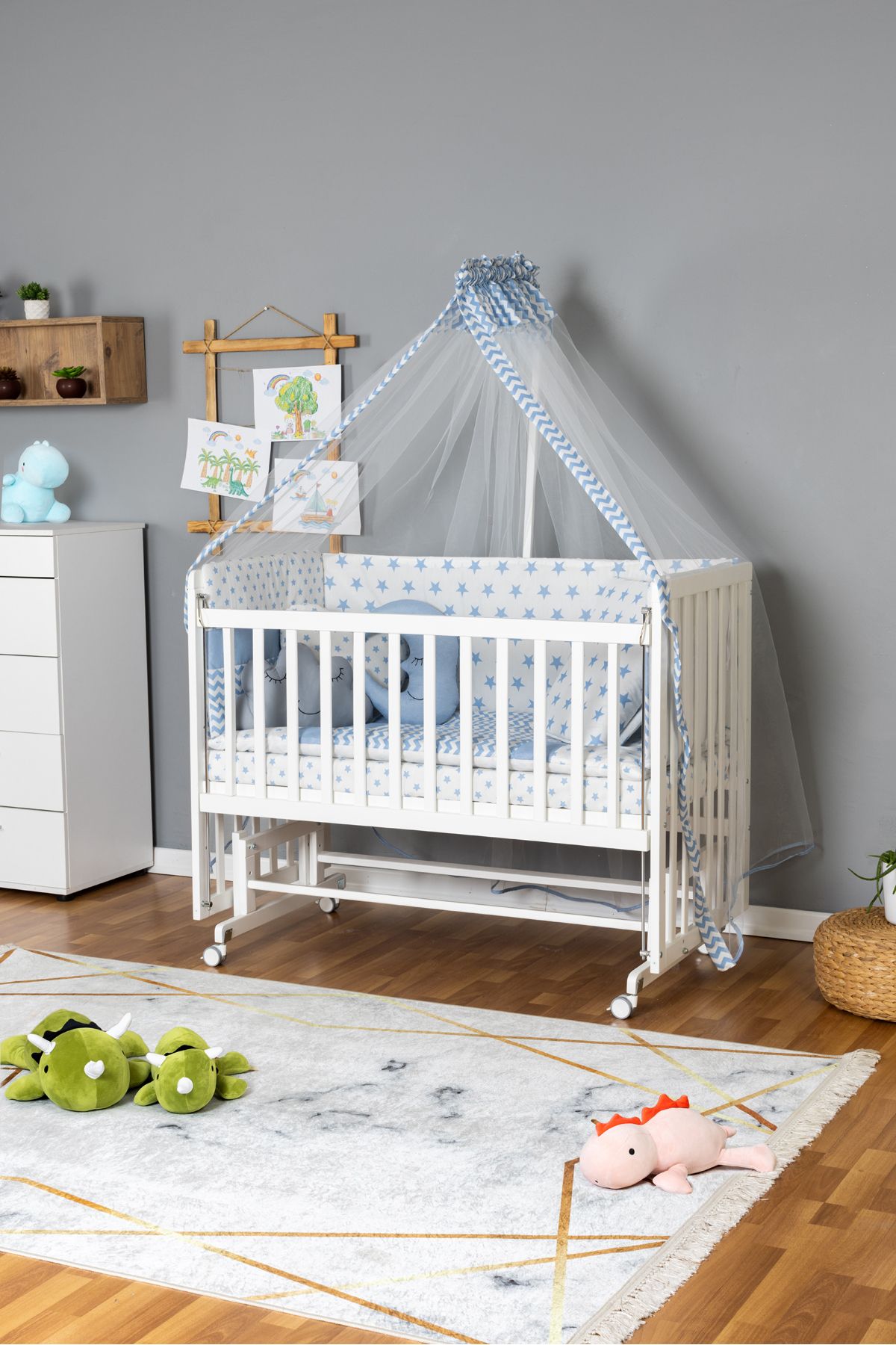 Carino Wins Ahşap Beşik Anne Yanı Yeni Doğan Asya Beyaz Bebek Beşiği MAVİ YILDIZ UYKU SETLİ + TEKERLEKLİ