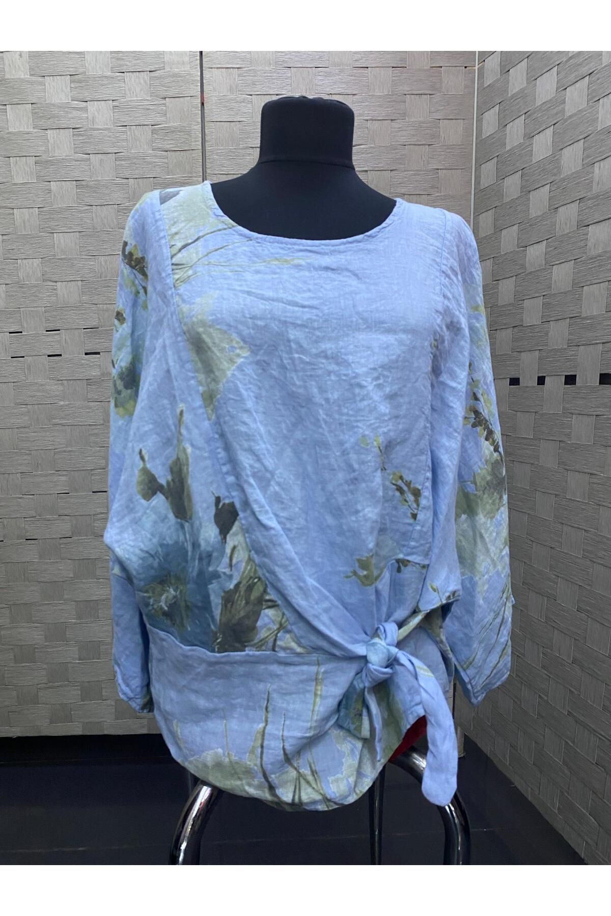 Park Moda MAVİ RENK ÇİÇEK DESENLİ BAĞLAMA DETAYLI KETEN İTHAL BLUZ