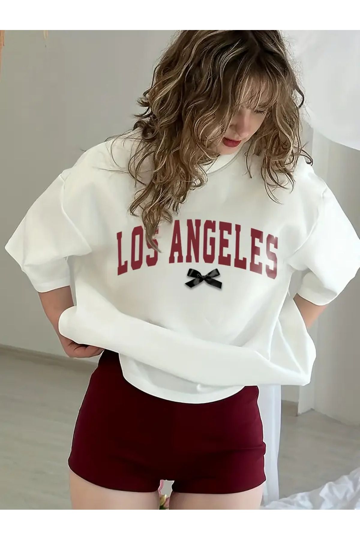 AEMİ Unisex Los Angeles Baskılı %100 Pamuk Oversize T-shirt