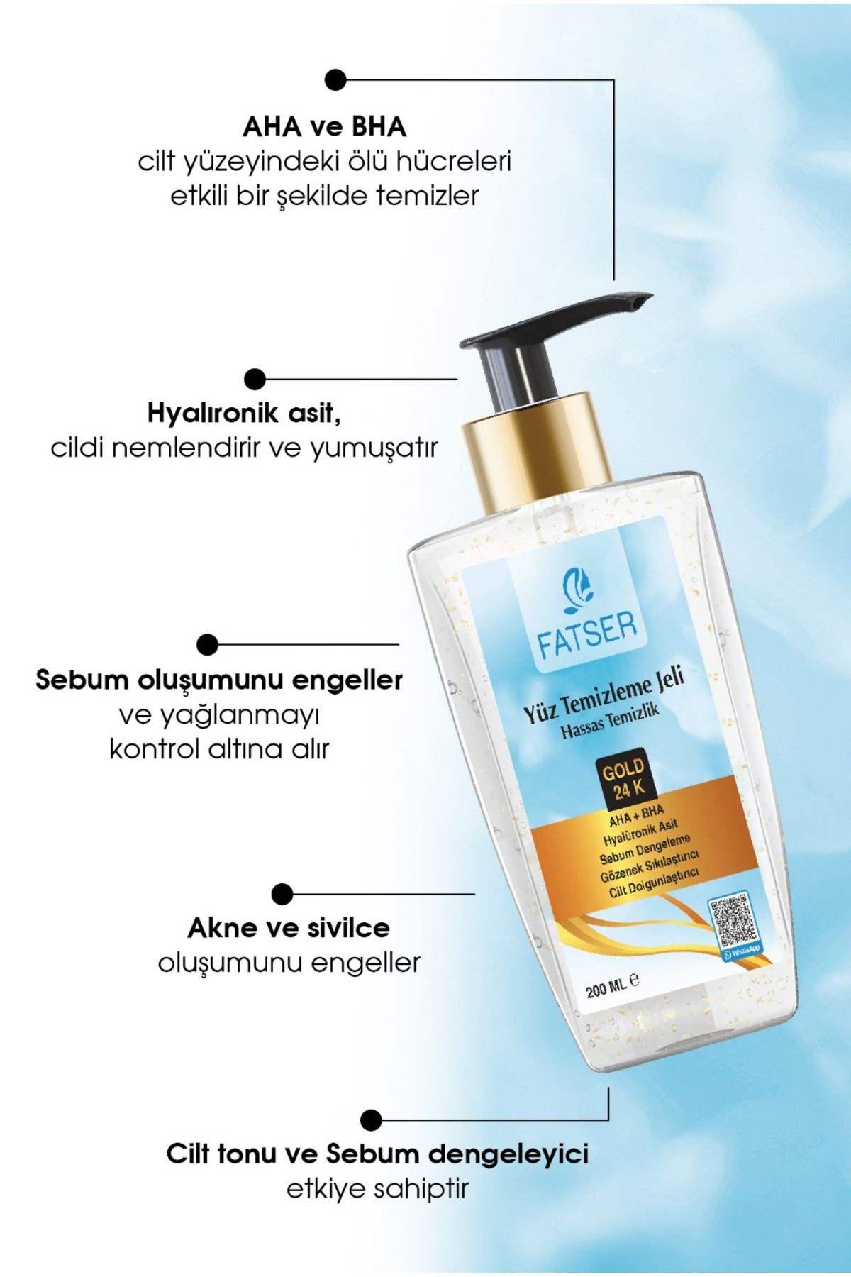 Fatser 24k Altın Parçacıklı Arındırıcı Nemlendirici Gözenek Sıkılaştırıcı Yüz Temizleme Jeli 200 Ml