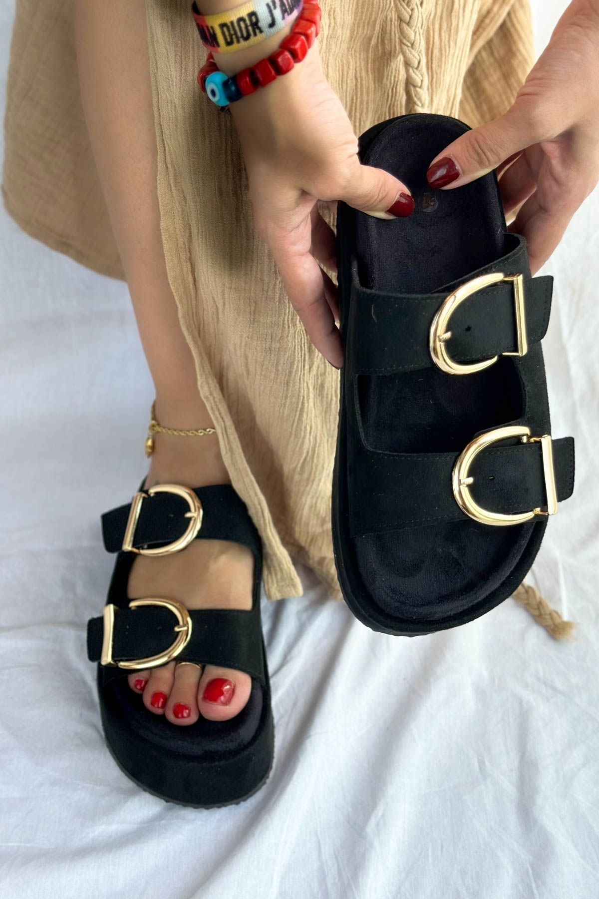 Shoebutik Giza Siyah Süet Yüksek Dolgu Topuk Kadın Terlik