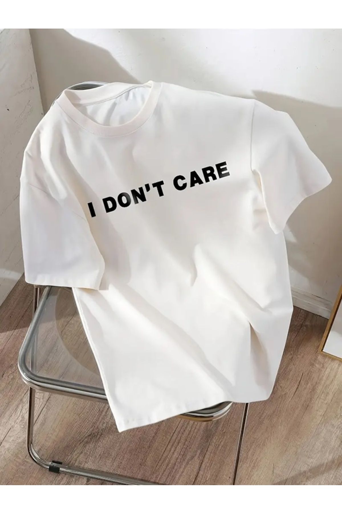 Touz Moda I Don't Care Baskılı Unisex Oversize T-shirt