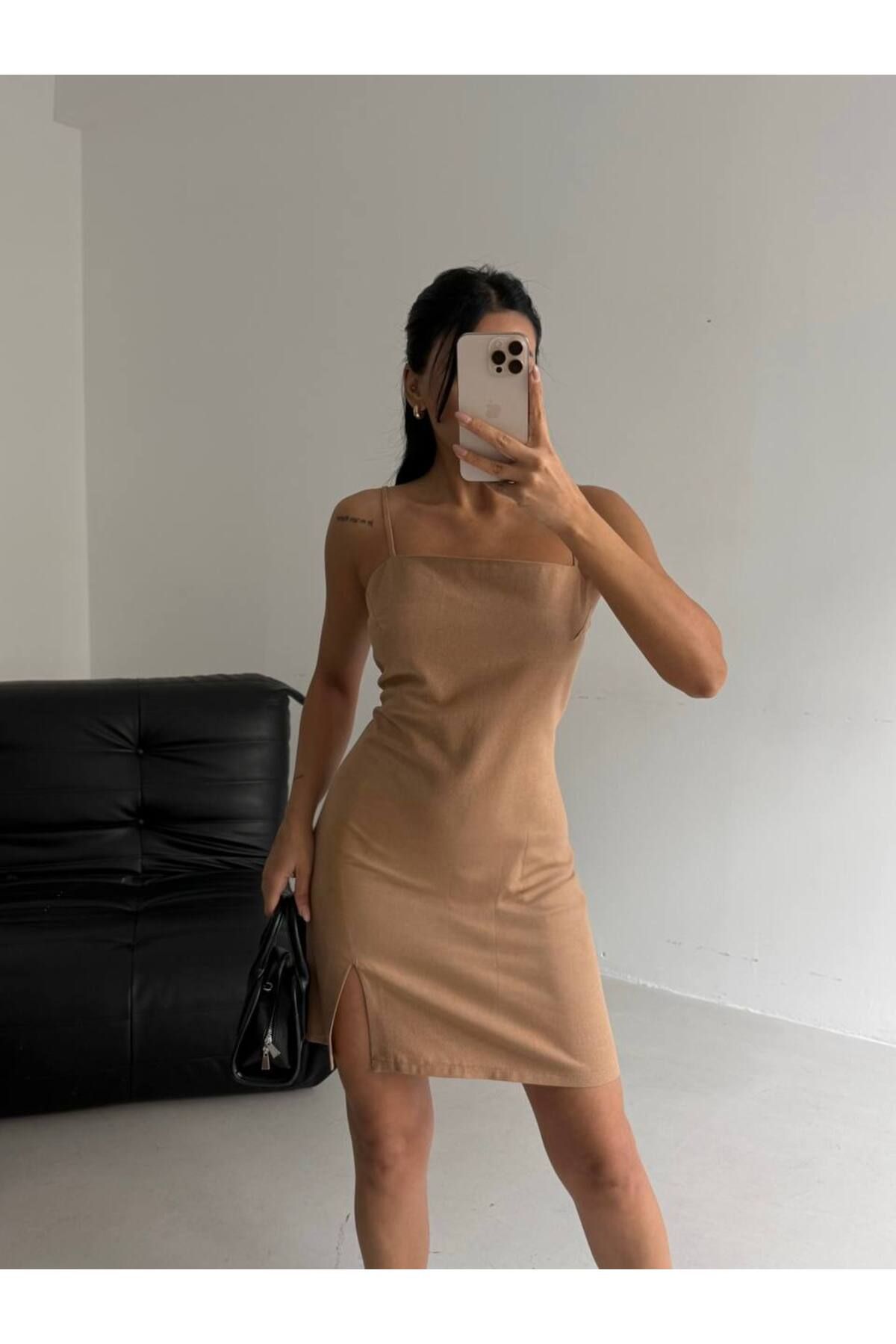 vuvutasarım Yırtmaç Detaylı Askılı Keten Kadın Mini Elbise 52225065