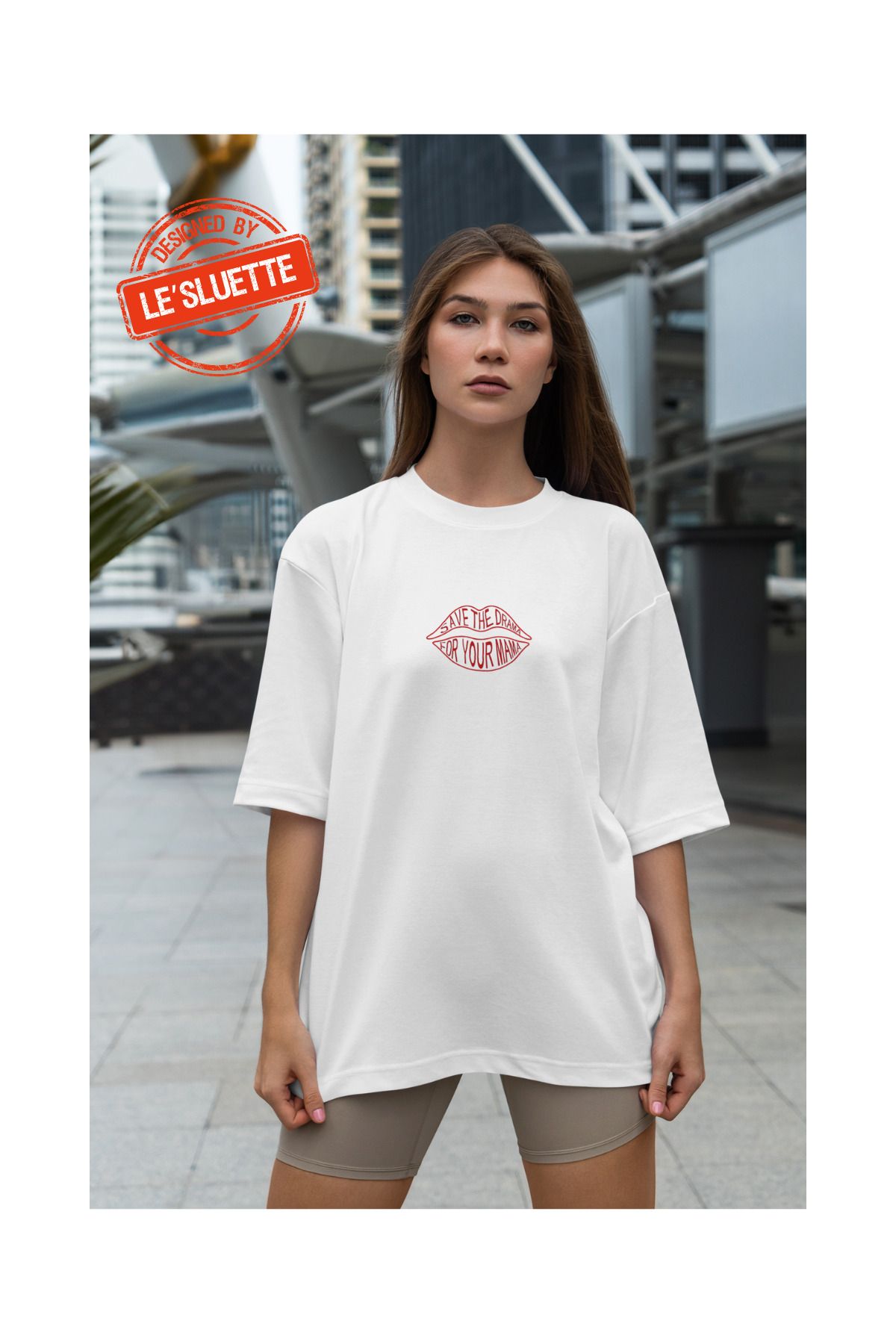 Le'sluette shadow of style Dudak Nakışlı Oversize %100 Pamuk T-Shirt