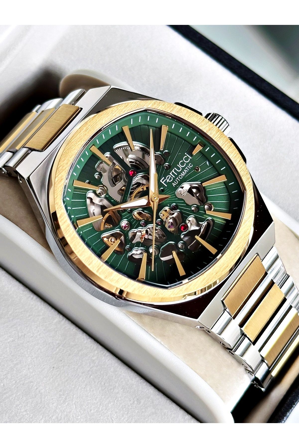 Ferrucci Altın Gold Gümüş Renk Çelik Kordon Business Otomatik Çelik Kordon Erkek Kol Saati + BİLEKLİK