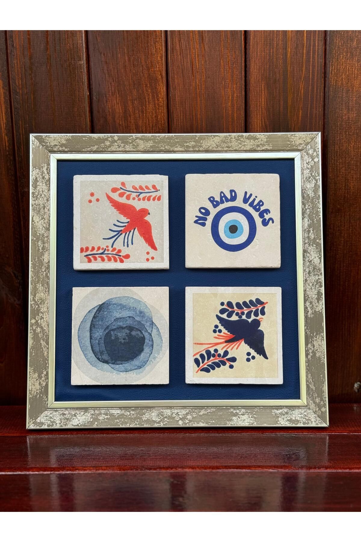 Butik Gümüş Desenli, Deri Alt Tabanlı UV Baskılı Taş Çerçeve 30x30 cm (Nazar Desen)