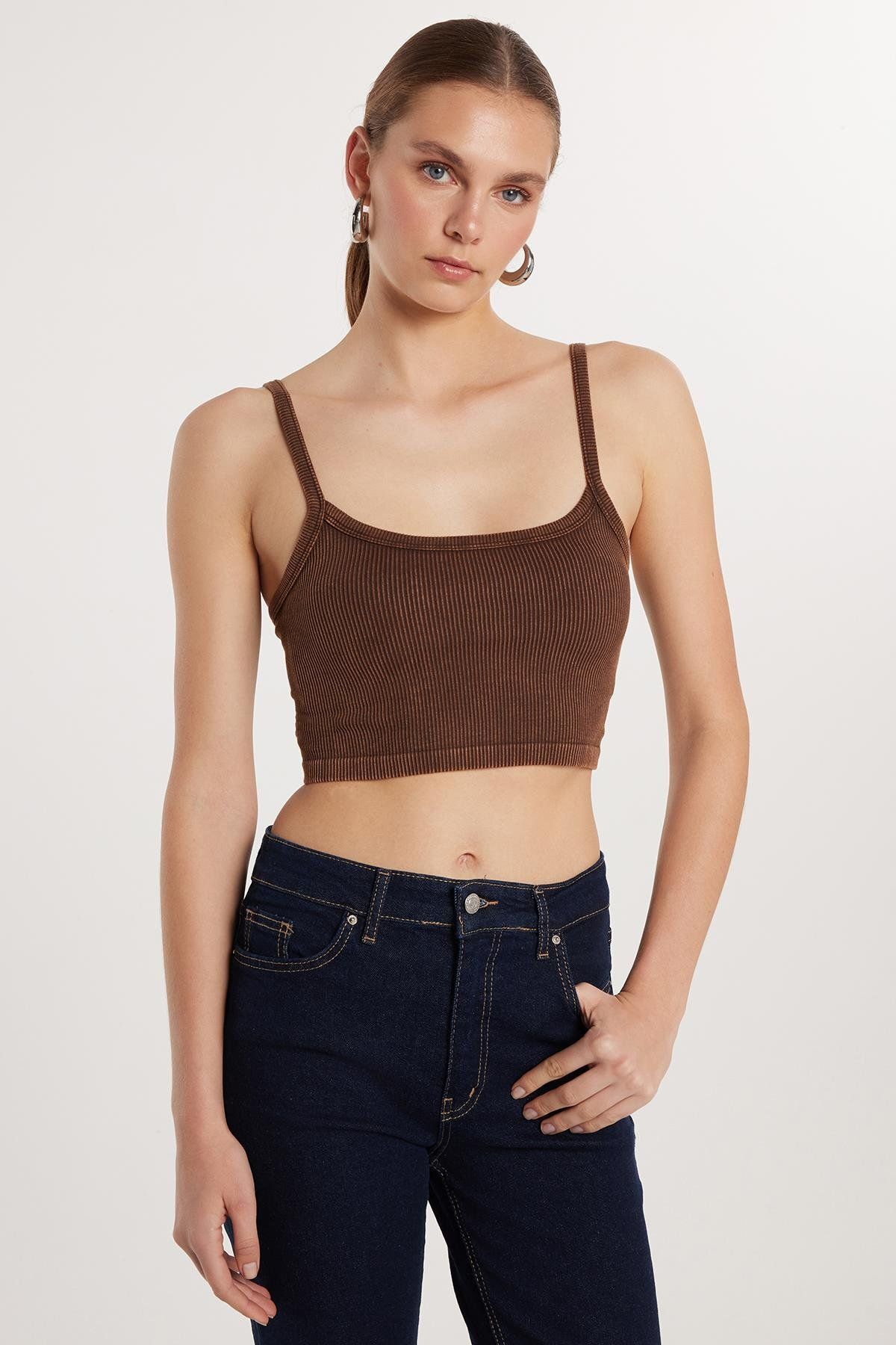 Tudors Kadın Slim Fit Kare Yaka Düz Basic Kahverengi Atlet