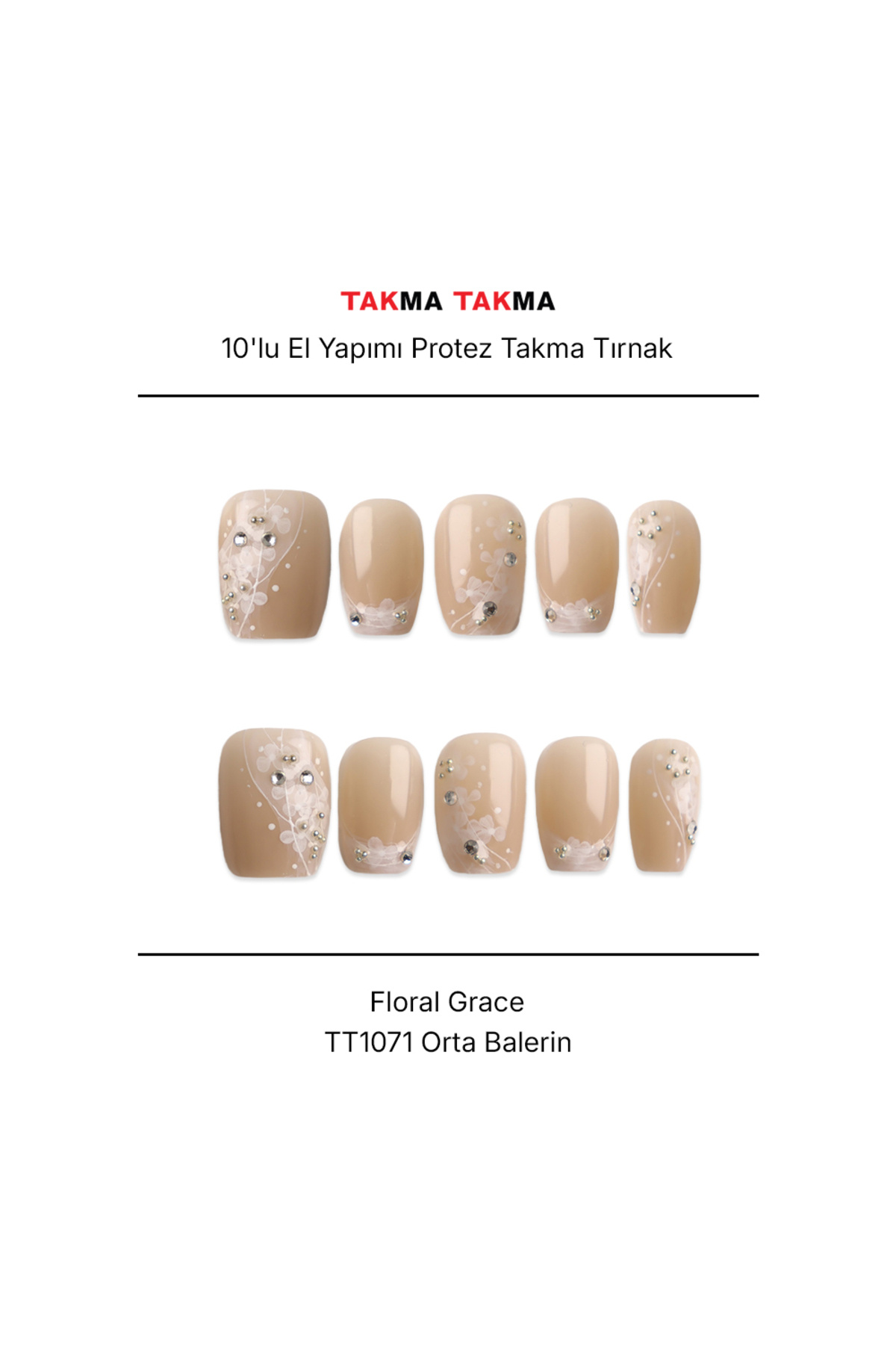 Takma Takma Tekrar Kullanılabilir El Yapımı Protez Takma Tırnak Floral Grace - 10'lu - TT1071 L-Ten Rengi