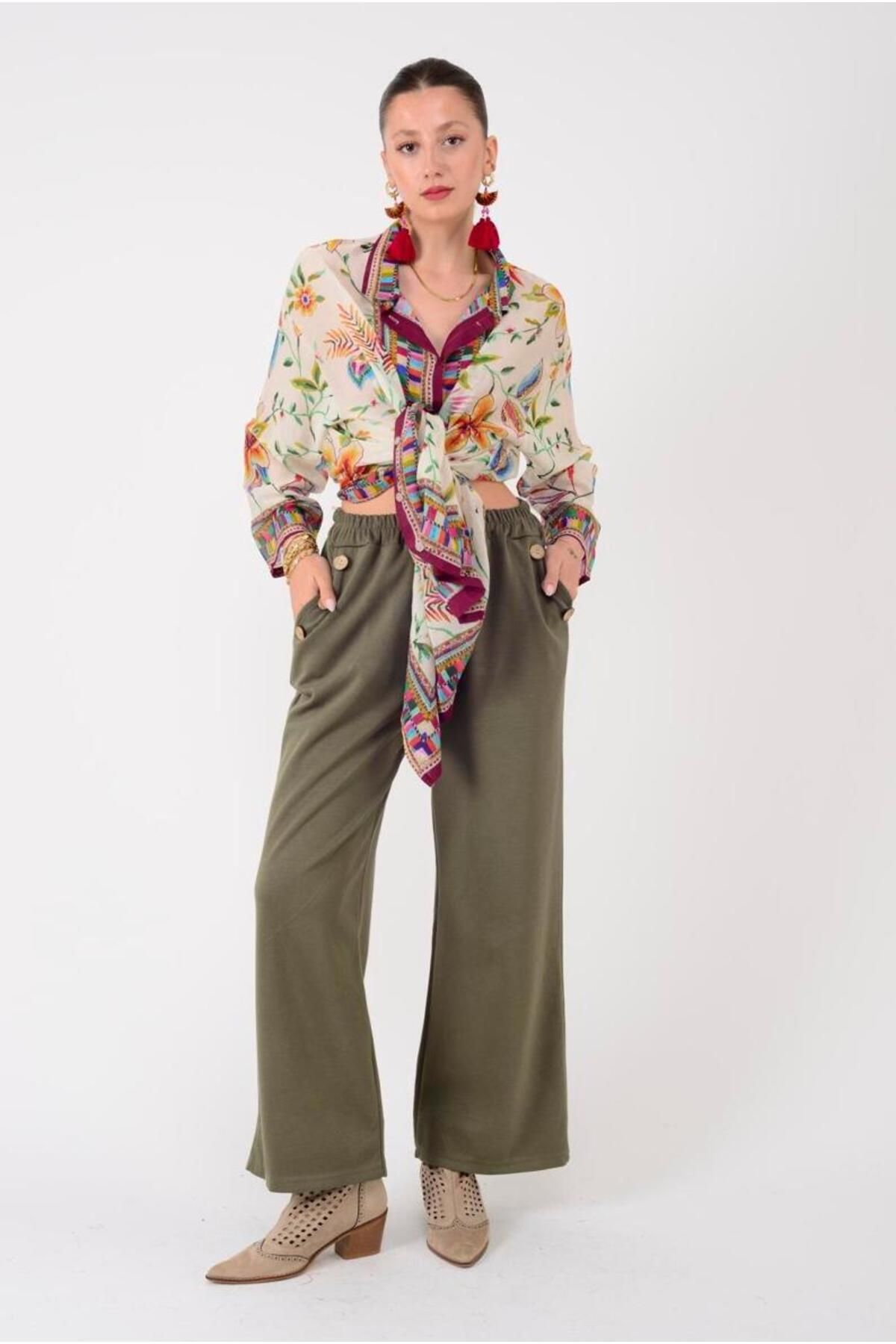 Park Moda HAKİ YEŞİL DÜĞME DETAYLI GENİŞ PAÇA BELİ LASTİKLİ İTHAL PANTOLON