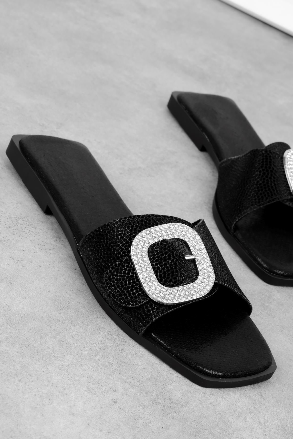 Lal Shoes & Bags-Nagite Women's Stone Buckle Detailed Glittery Slippers-Black 3