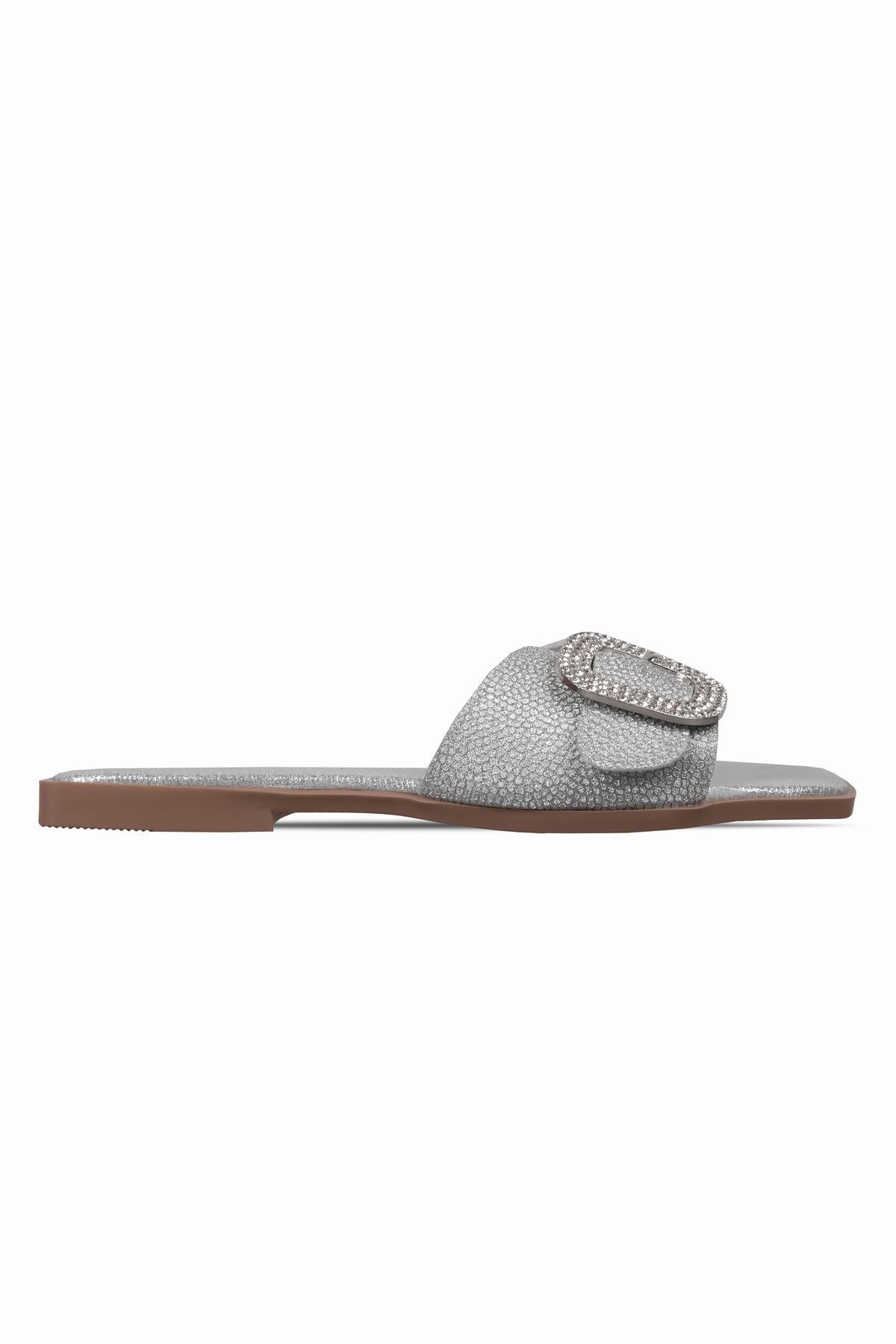 Lal Shoes & Bags Nagite Kadın Taşlı Toka Detaylı Simli Terlik-Gümüş