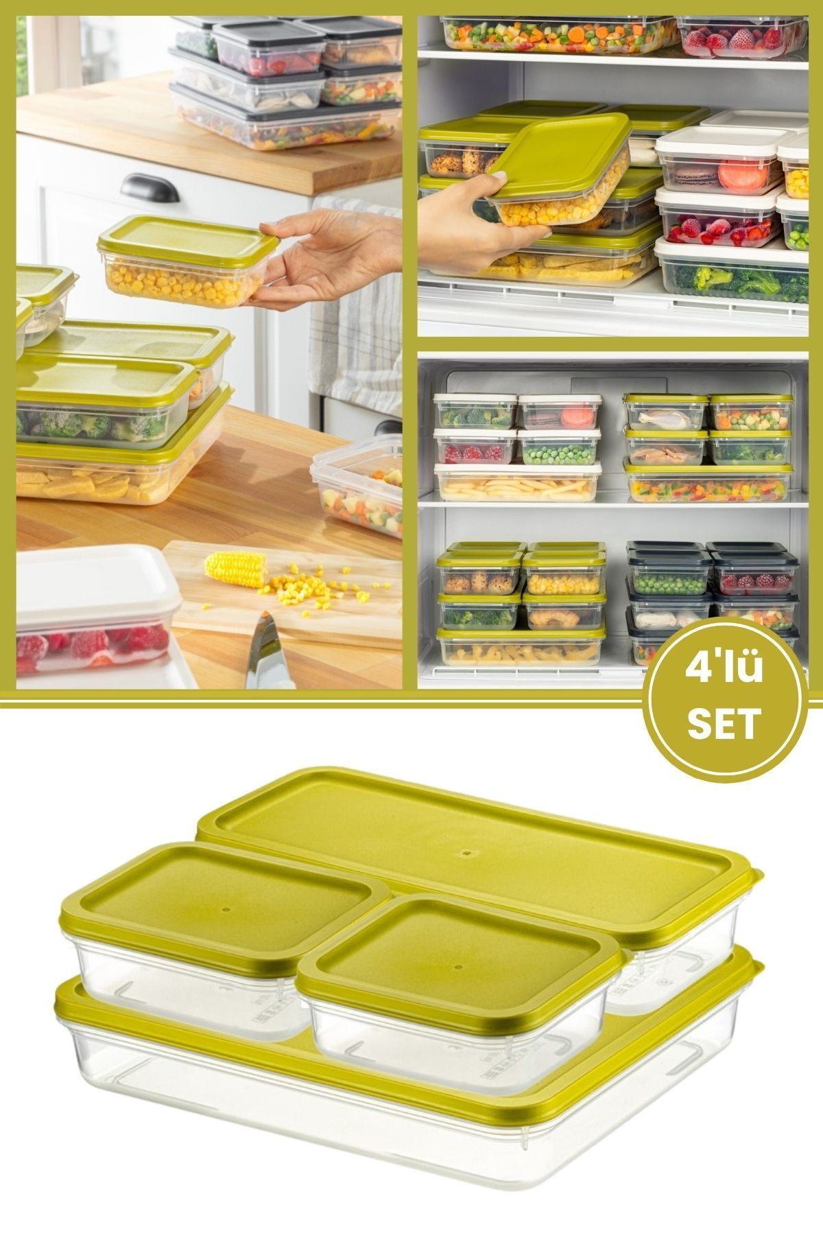 Flora 4’lü Dondurucu Saklama Kabı Seti, Buzdolabı Difriz Erzak Düzenleyici Set (2600,1200,2x500ml) Yeşil