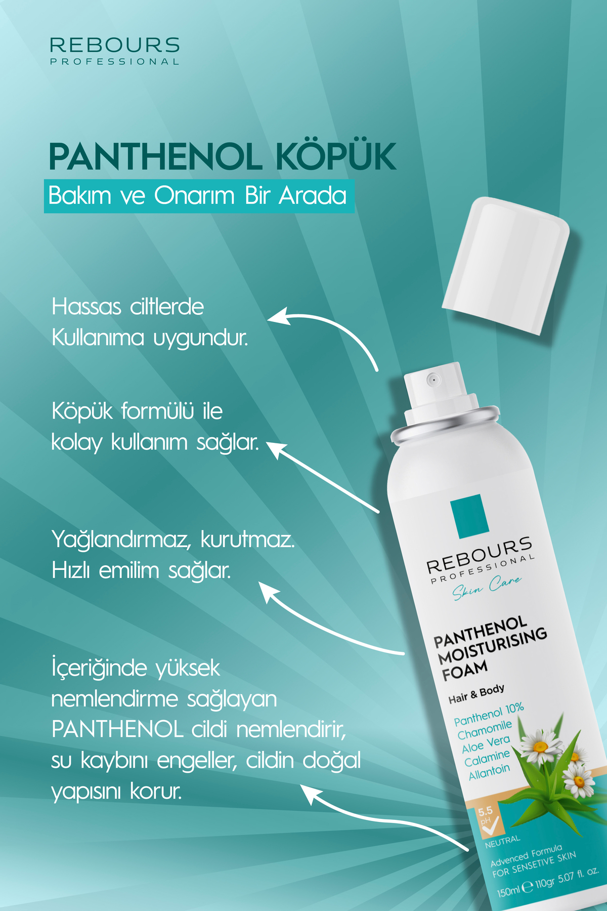 Panthenol Nemlendirici Vücut & Saç köpük 150 ml- Aloe Vera Papatya, Calamine ve Allantoin — RBkop — تصویر 2 از 6