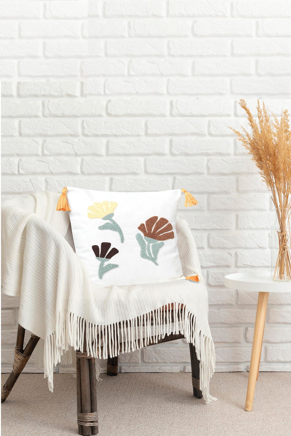 Ottoson Comfort Punch Desenli Kırlent Kılıfı Kare Dekoratif Bohem Nakışlı Koltuk Yastık Kılıfı panç 45x45