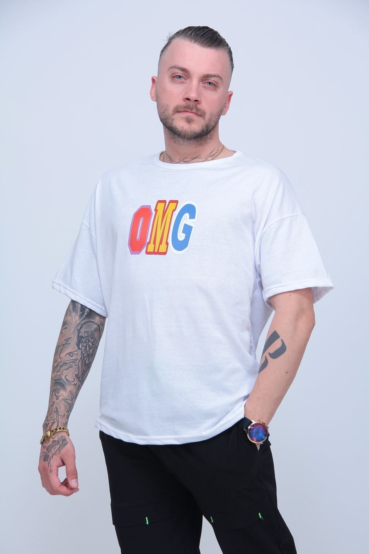 ELNOYA Unisex Şık Tasarım Erkek Oversize Beyaz Tişört "OMG" Grafik Baskılı