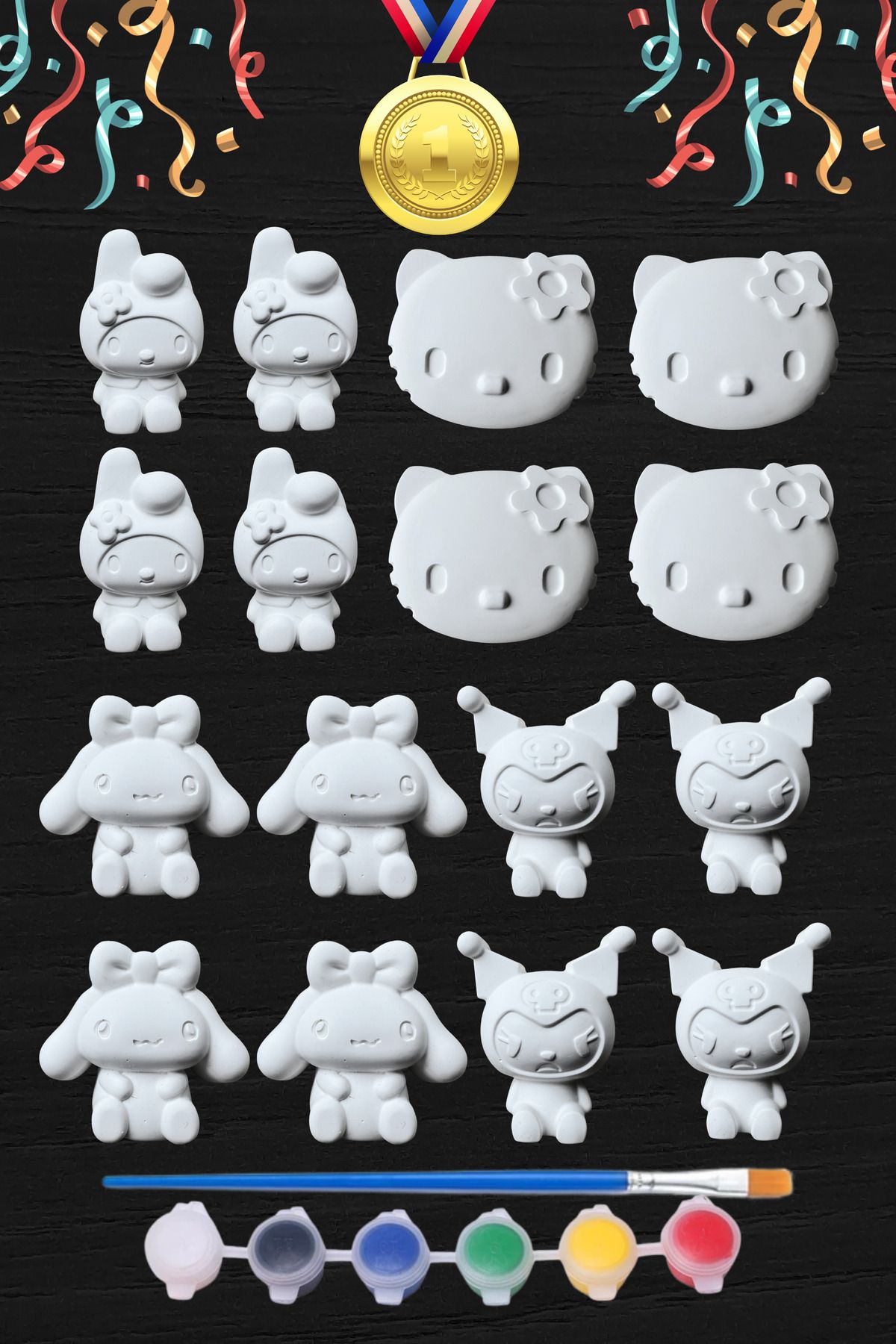 Craft3D Atölye Hello Kitty-My Melody-Kuromi-PomPom Purin 16 Adet 3D Taş Çocuk Boyama Etkinliği