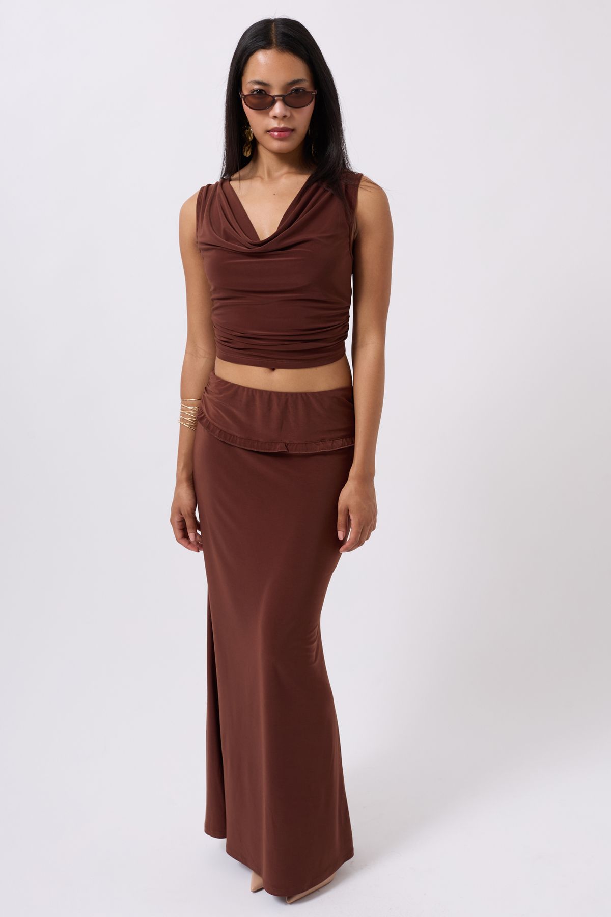 Black Fashion Katlama Bel Detay Maxi Kahverengi Etek