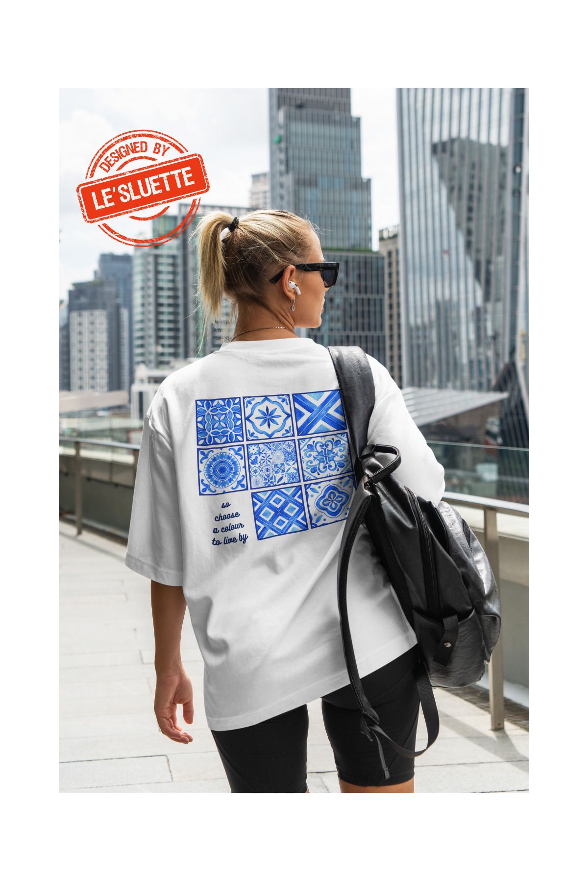 Le'sluette shadow of style Mavi Etnik Desen Baskılı Oversize T-Shirt