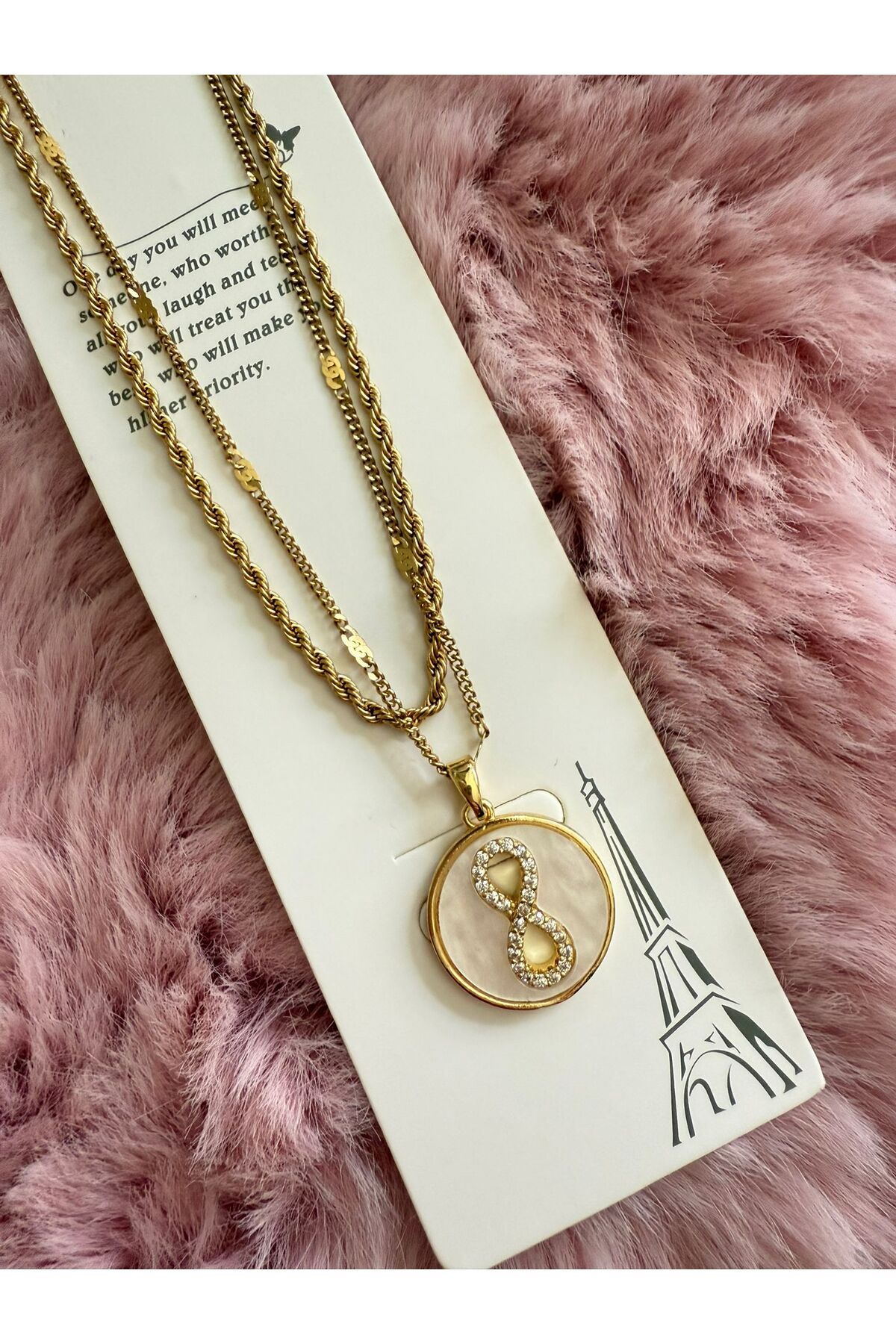 Butik Çelik Sonsuzluk Sembolü İkili Kolye Altın Renk Şık ve Anlamlı Model