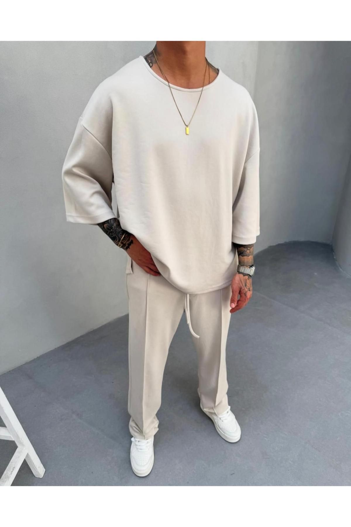 CAST COLLECTİON Erkek Bej Yetim Kol Ful Oversize Tshirt