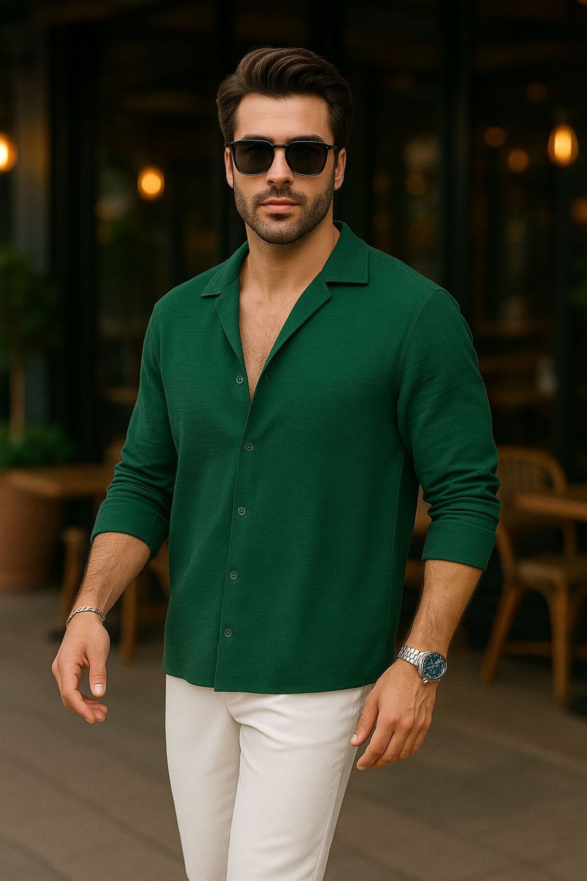 EKZMODA Erkek Zümrüt Keten Dokulu Oversize Bol Kalıp Aerobin Gömlek