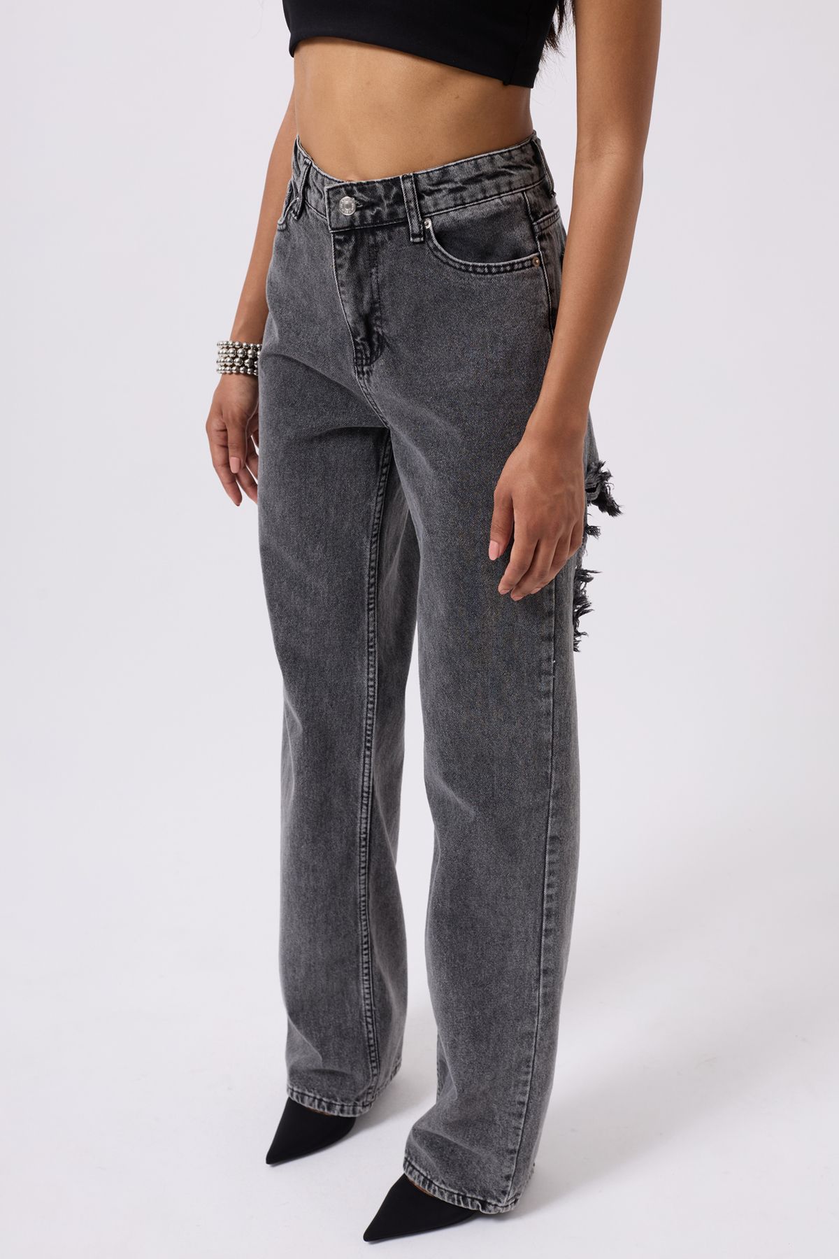 Black Fashion Arka Lazer Kesim Bol Paça Siyah Jean