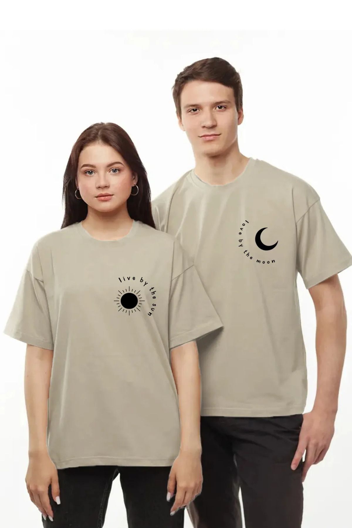DESCARTES Moon Sun Baskılı Tişört Sevgili Çift Takım Ay Güneş Siyah Beyaz Oversize Couple T-Shirt