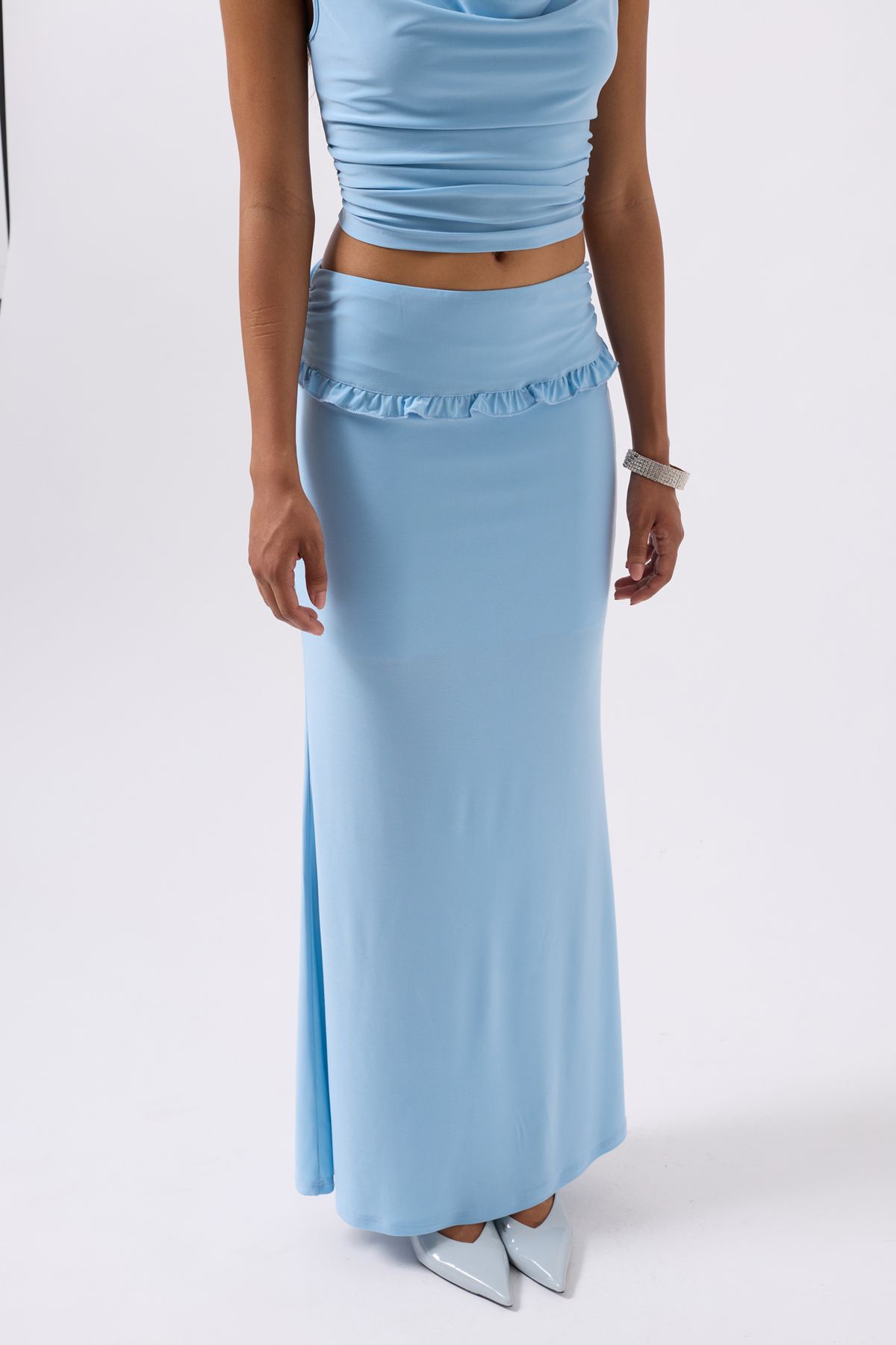 Black Fashion Katlama Bel Detay Maxi Mavi Etek