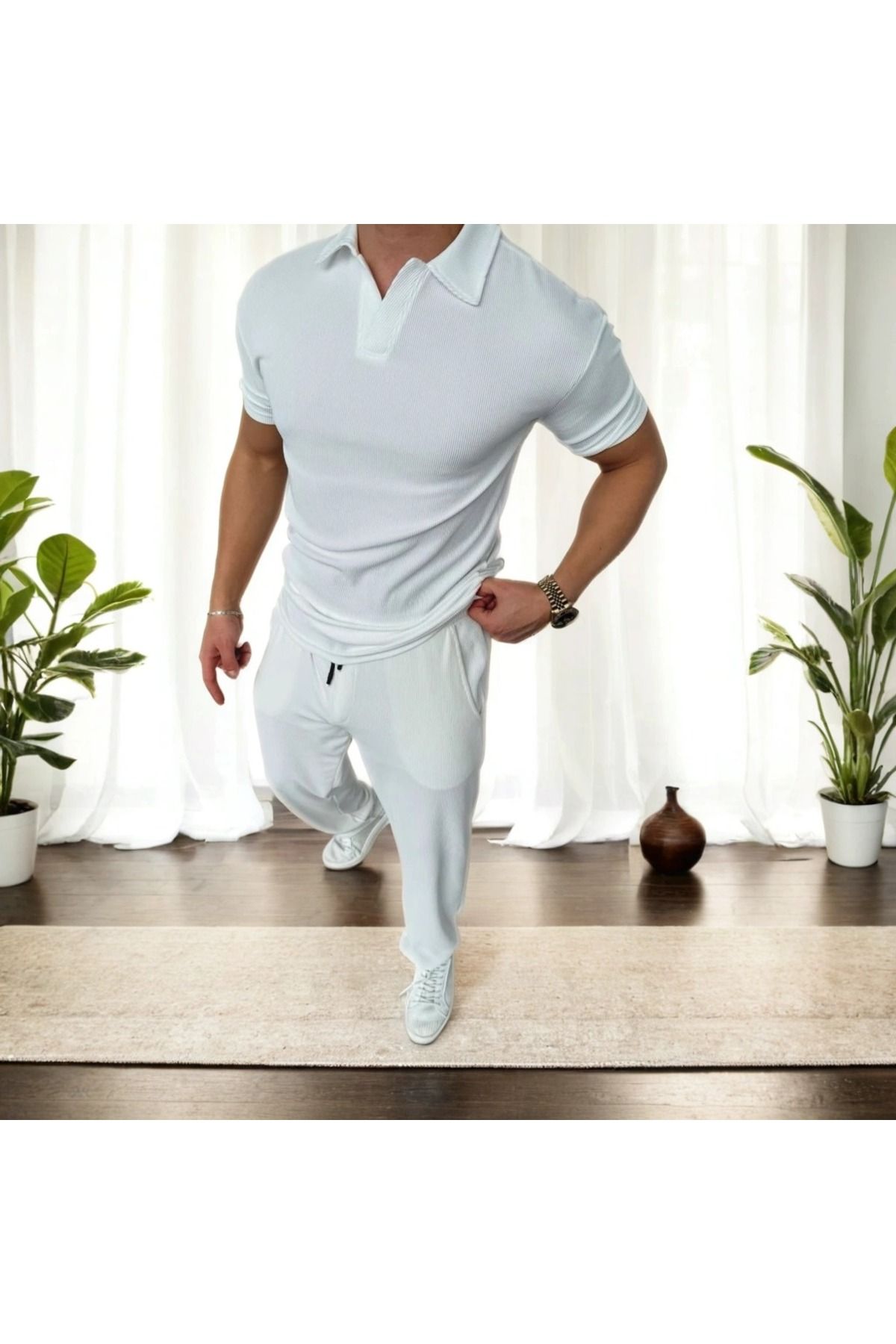 exans moda Unisex Kadın/Erkek Bürümcük Krinkıl Kumaş Yazlık Likralı Kısa Kol Tişört Eşofman Elbise Takım