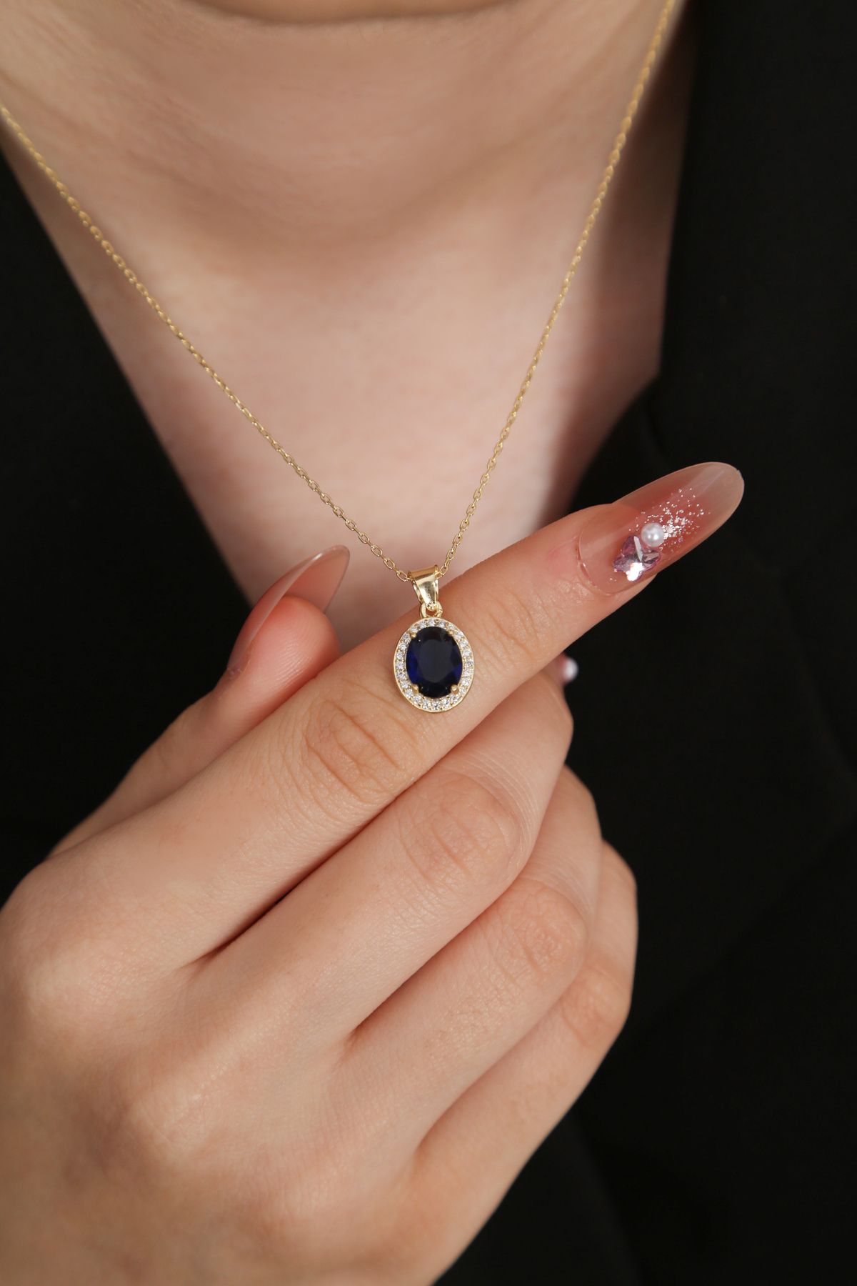 Sanem silver Oval Safir Taşlı Gümüş Kolye,925 Ayar Gümüş Üzeri 14 Ayar Altın Kaplama,Safir Pırlanta Modeli