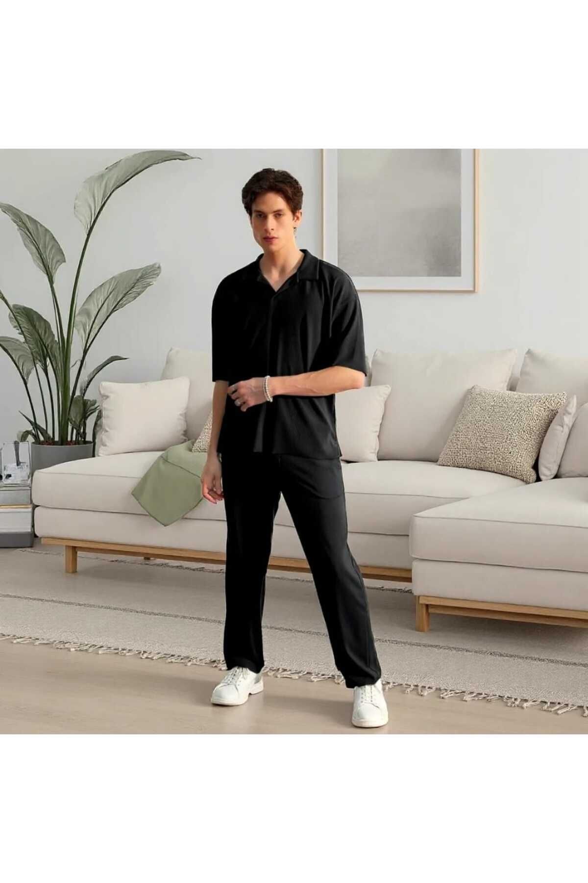 exans moda Unisex Kadın/Erkek Bürümcük Krinkıl Kumaş Yazlık Likralı Kısa Kol Tişört Eşofman Elbise Takım