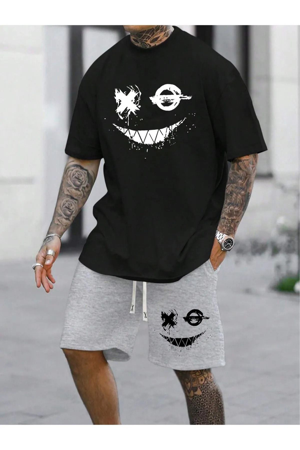DESCARTES _Erkek 2li Oversize Dragon Baskılı Pamuklu Beast Mode Tişört ve Şort Takımı